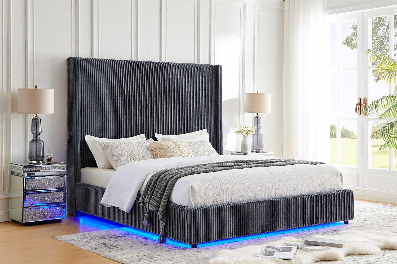 Belinda Grey LED Upholstered Platform King Bed
