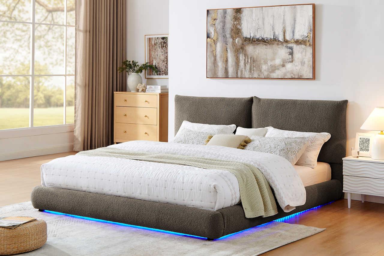 Zima Brown LED Upholstered Platform King Bed