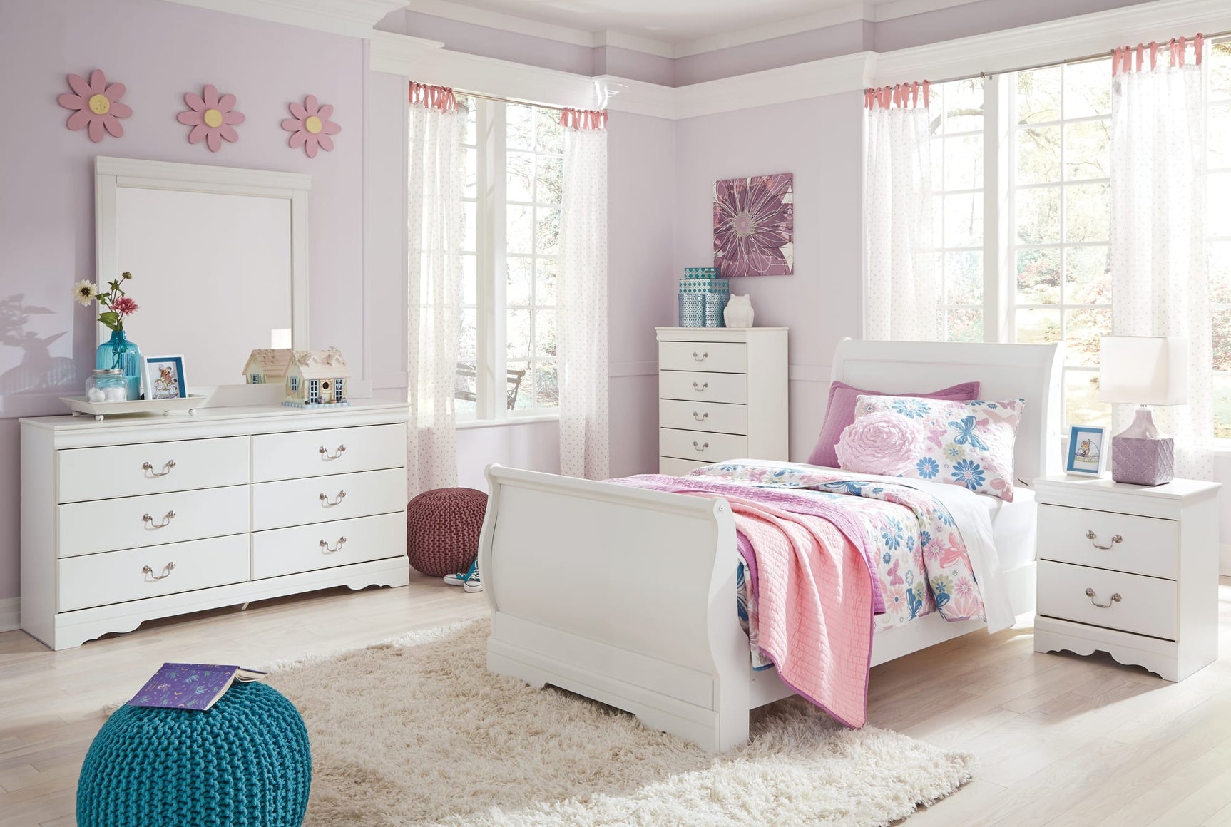 Anarasia White Sleigh Bedroom Set Queen 3: Bed, Dresser, Mirror from Ella Furniture