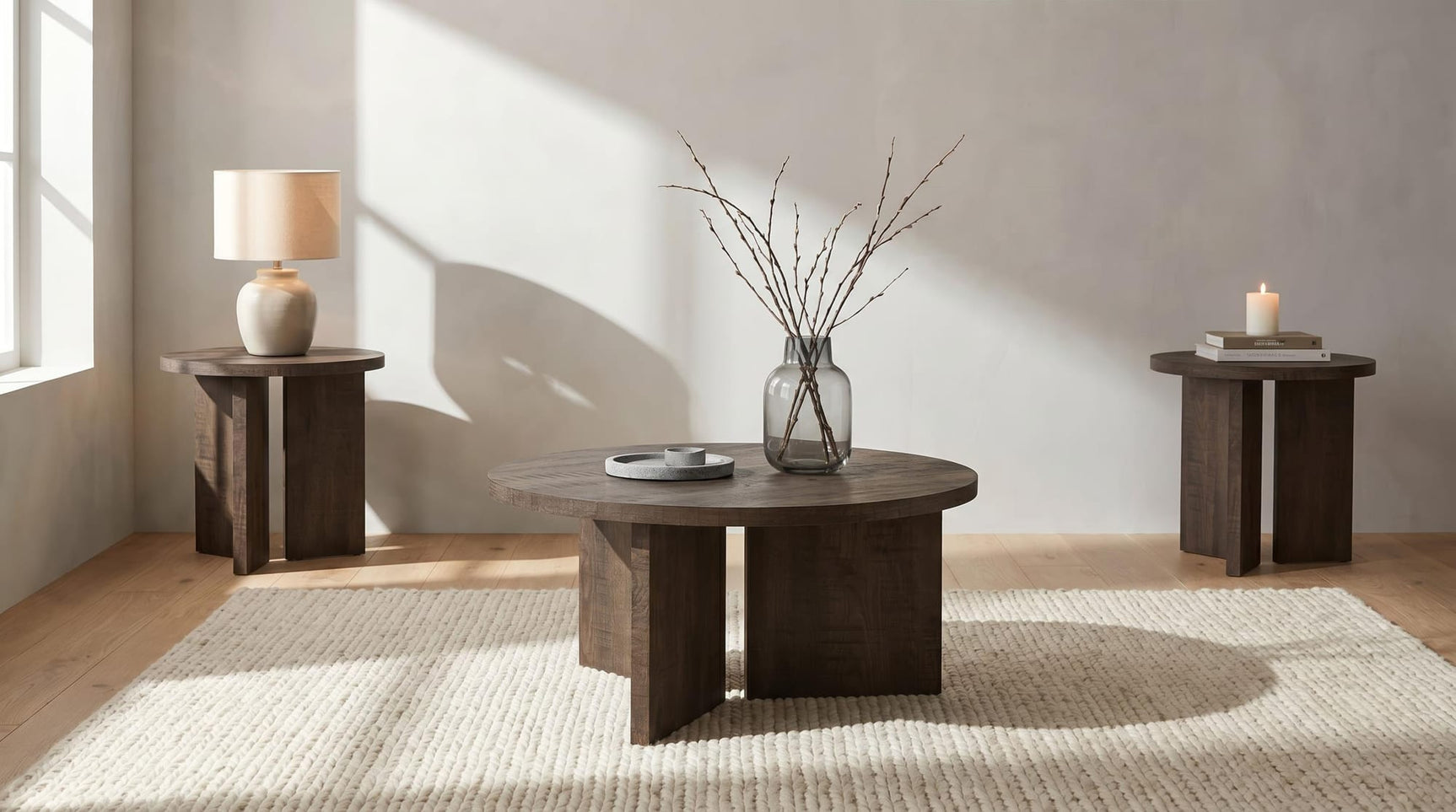 Aragon 3-Piece Round Coffee and End Table Set Dark Rustic Mango from Ella Furniture