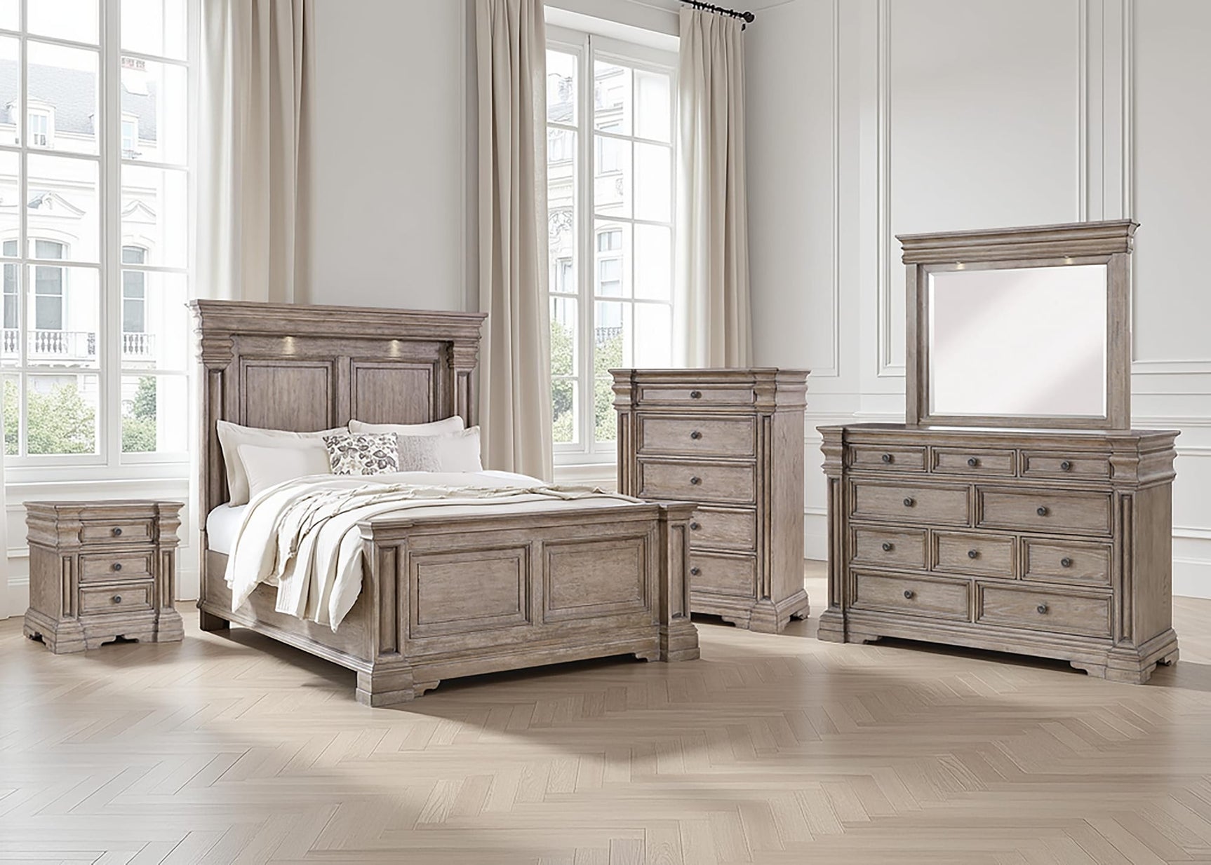 Blairhurst Light Grayish Brown Panel Bedroom Set Queen 5: Bed, Dresser, Mirror, Chest, NightStand from Ella Furniture