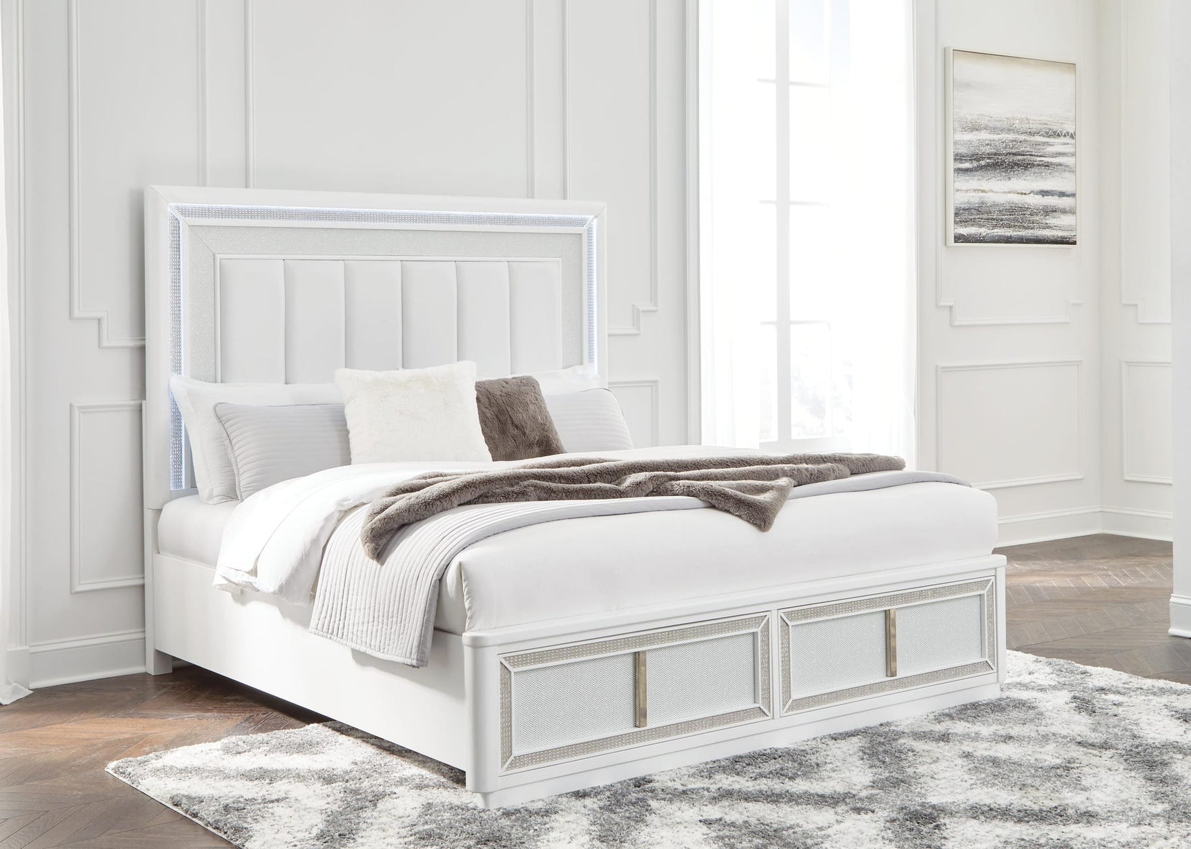 Chalanna White Upholstered Storage Bedroom Set King 4: Bed, Dresser, Mirror, Chest from Ella Furniture