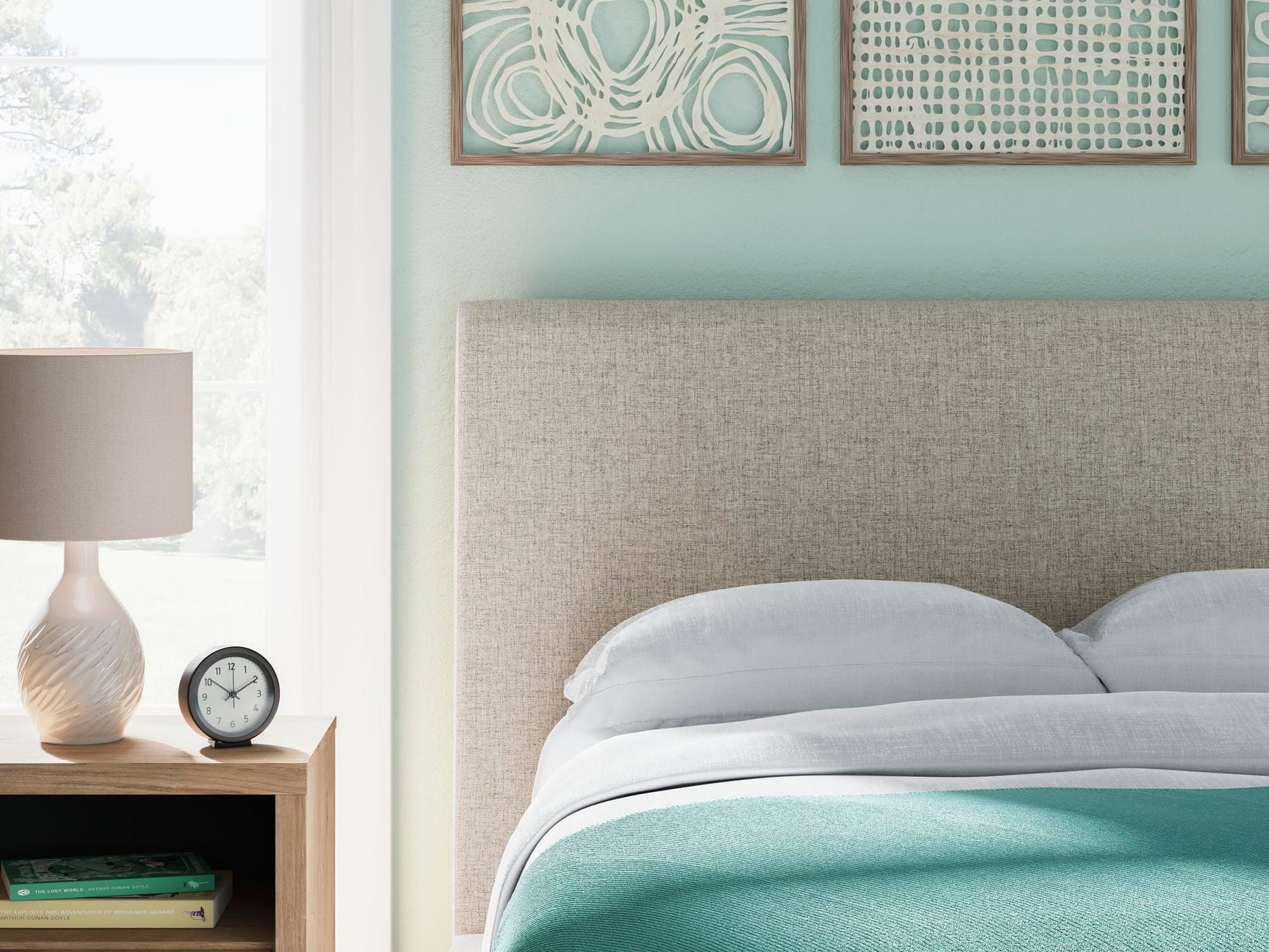 Cielden Soft Gray Upholstered Bedroom Set Full 3: Bed, Dresser, Mirror from Ella Furniture