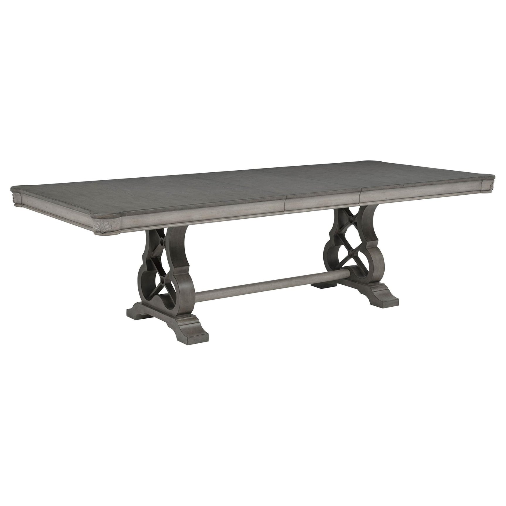 Cresswell 104-inch Double Pedestal Extension Dining Table Weathered Taupe from Ella Furniture
