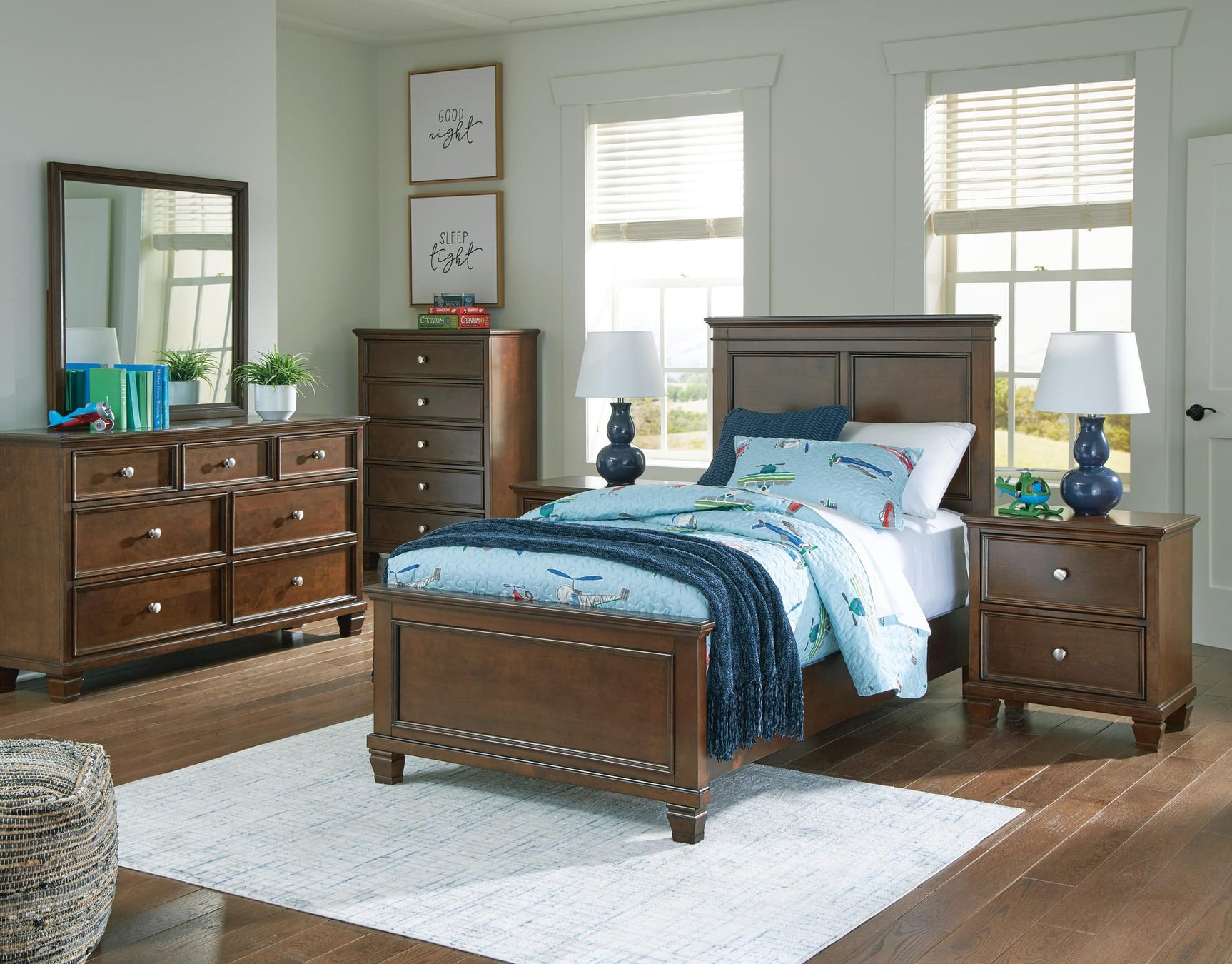 Danabrin Brown Panel Bedroom Set Twin 4: Bed, Dresser, Mirror, Chest from Ella Furniture