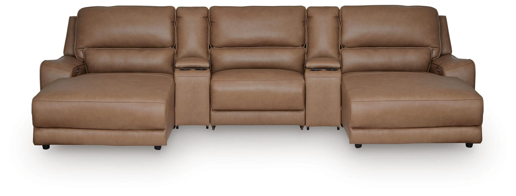 DeepWakes Caramel Leather 5-Piece Reclining Sectional with Double Chaise and Storage Consoles view 2