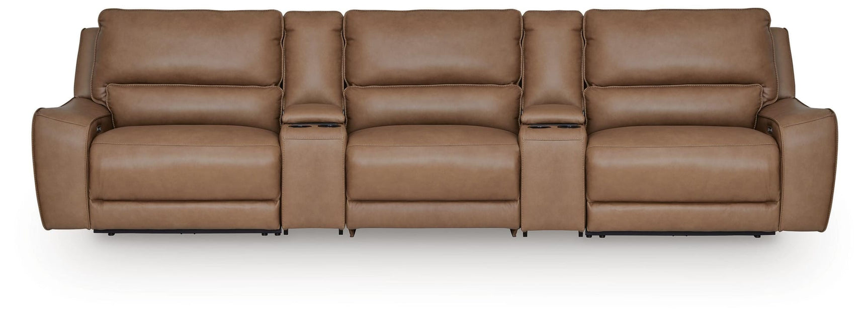 DeepWakes Caramel Leather 5-Piece Reclining Sectional with Storage Consoles view 2