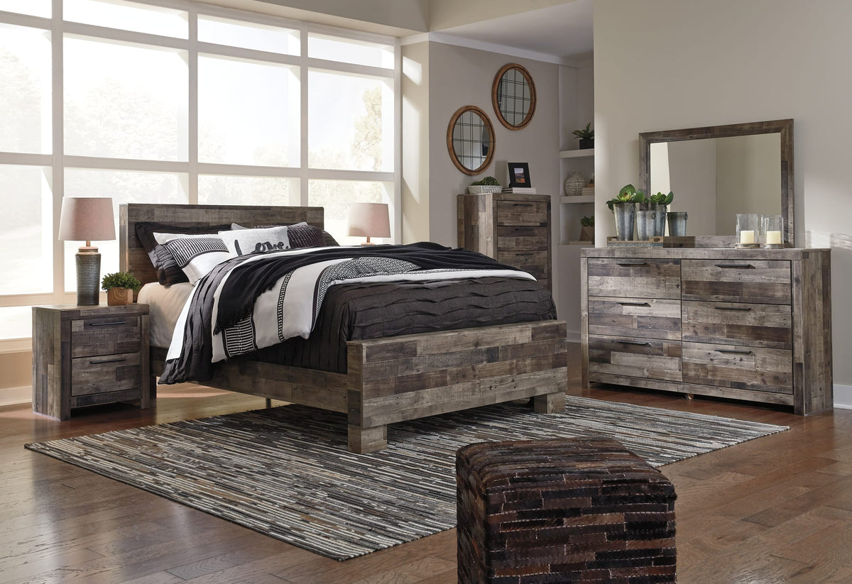 Derekson Multi Gray Panel Bedroom Set King 3: Bed, Dresser, Mirror from Ella Furniture