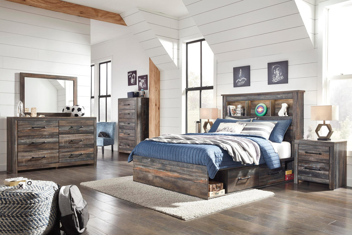 Drystan Multi Bookcase Bedroom Set — 2-Drawer Footboard Storage