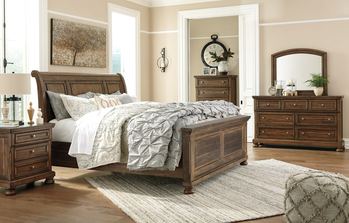 Flynnter Medium Brown Panel 2 Storage Bedroom Set King 3: Bed, Dresser, Mirror from Ella Furniture