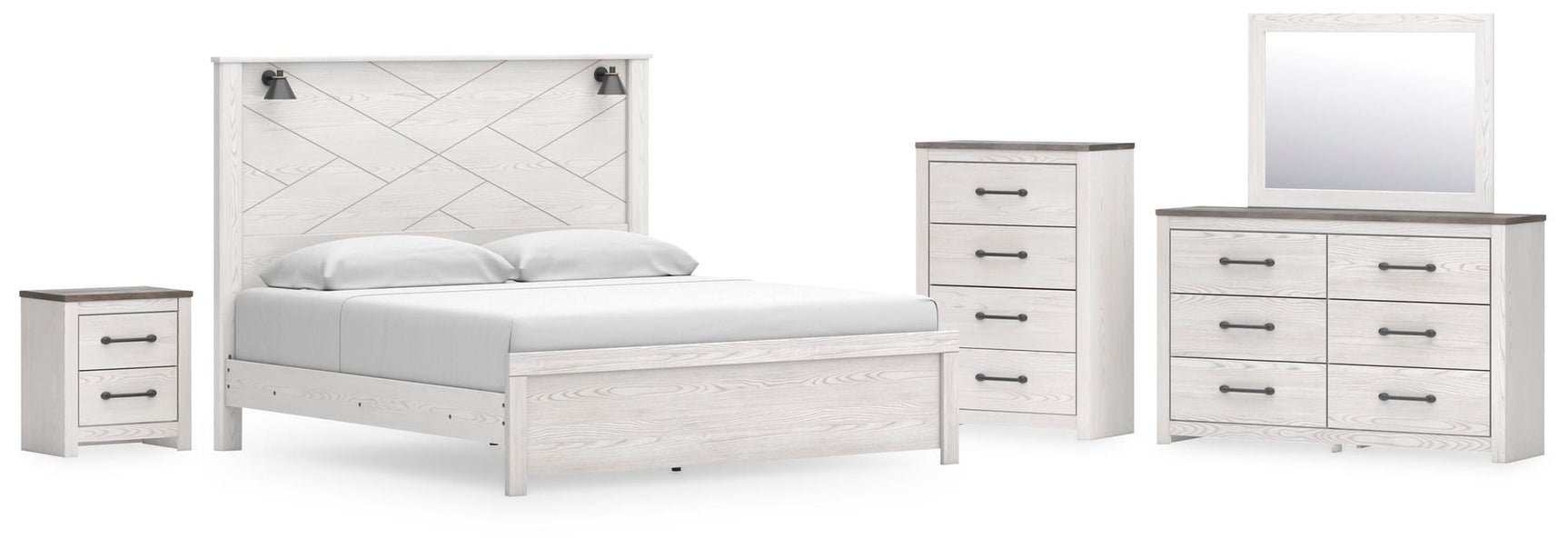 Gerridan White Gray Panel Bedroom Set King 5: Bed, Dresser, Mirror, Chest, NightStand from Ella Furniture