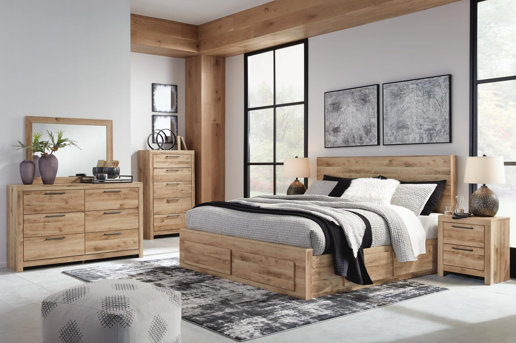 Hyanna Tan Brown Panel Storage Bedroom Set King 4: Bed, Dresser, Mirror, Chest from Ella Furniture
