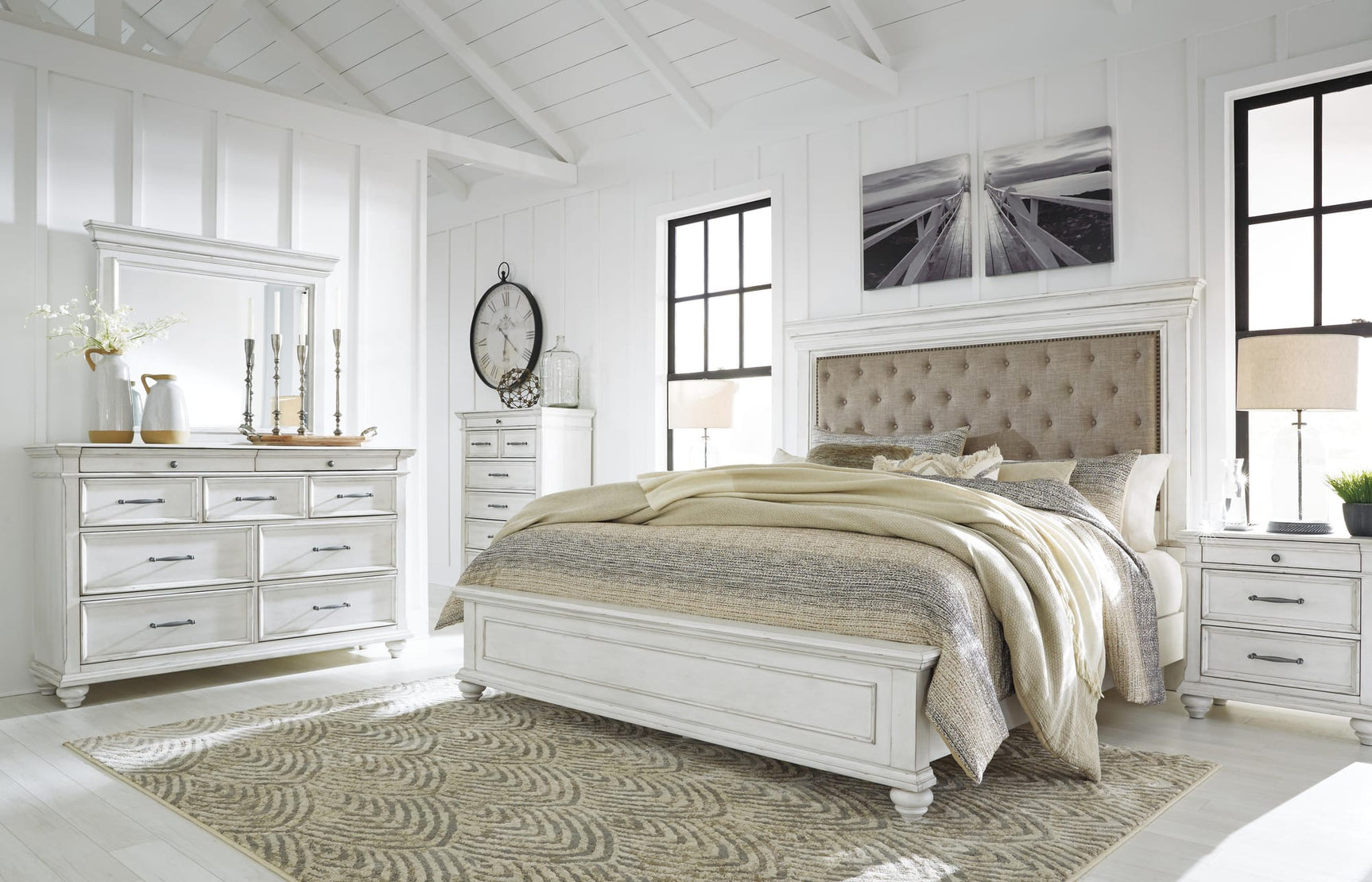 Kanwyn Whitewash Panel Bedroom Set Queen 5: Bed, Dresser, Mirror, Chest, NightStand from Ella Furniture