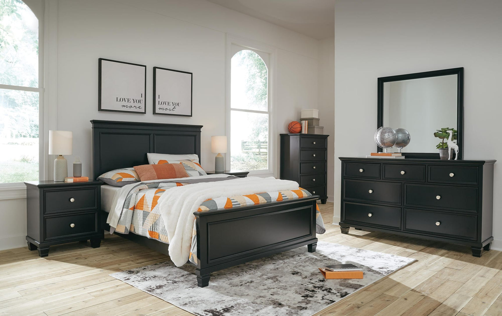 Lanolee Black Panel Bedroom Set Full 5: Bed, Dresser, Mirror, Chest, NightStand from Ella Furniture