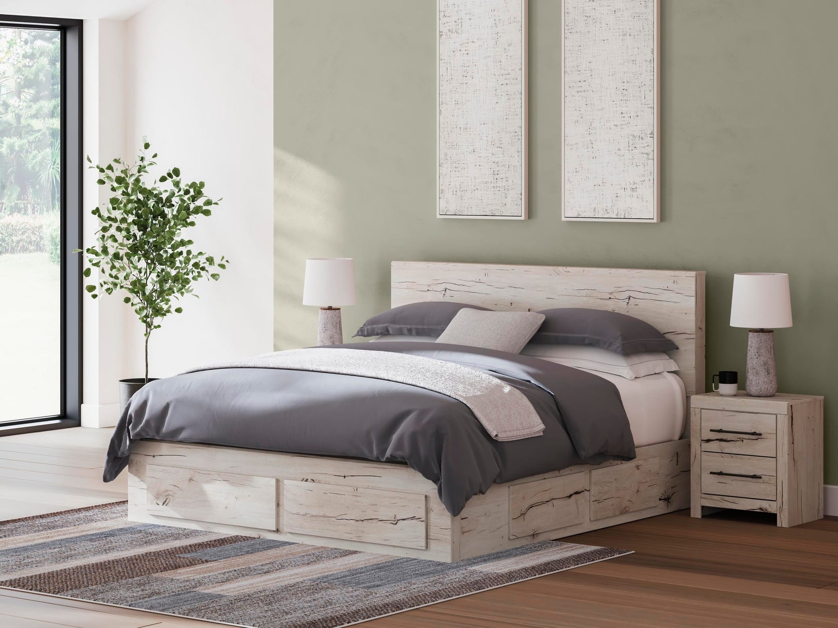 Lawroy Light Natural Panel Storage Bedroom Set 4 King 3: Bed, Dresser, Mirror from Ella Furniture