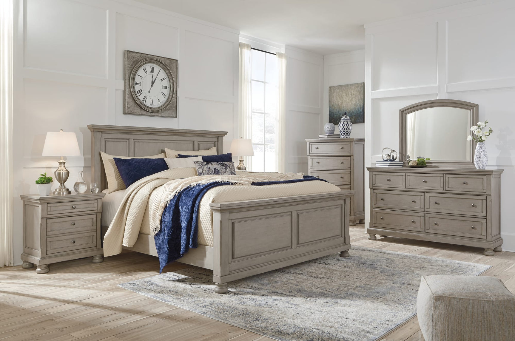 Lettner Light Gray Panel Bedroom Set King 3: Bed, Dresser, Mirror from Ella Furniture