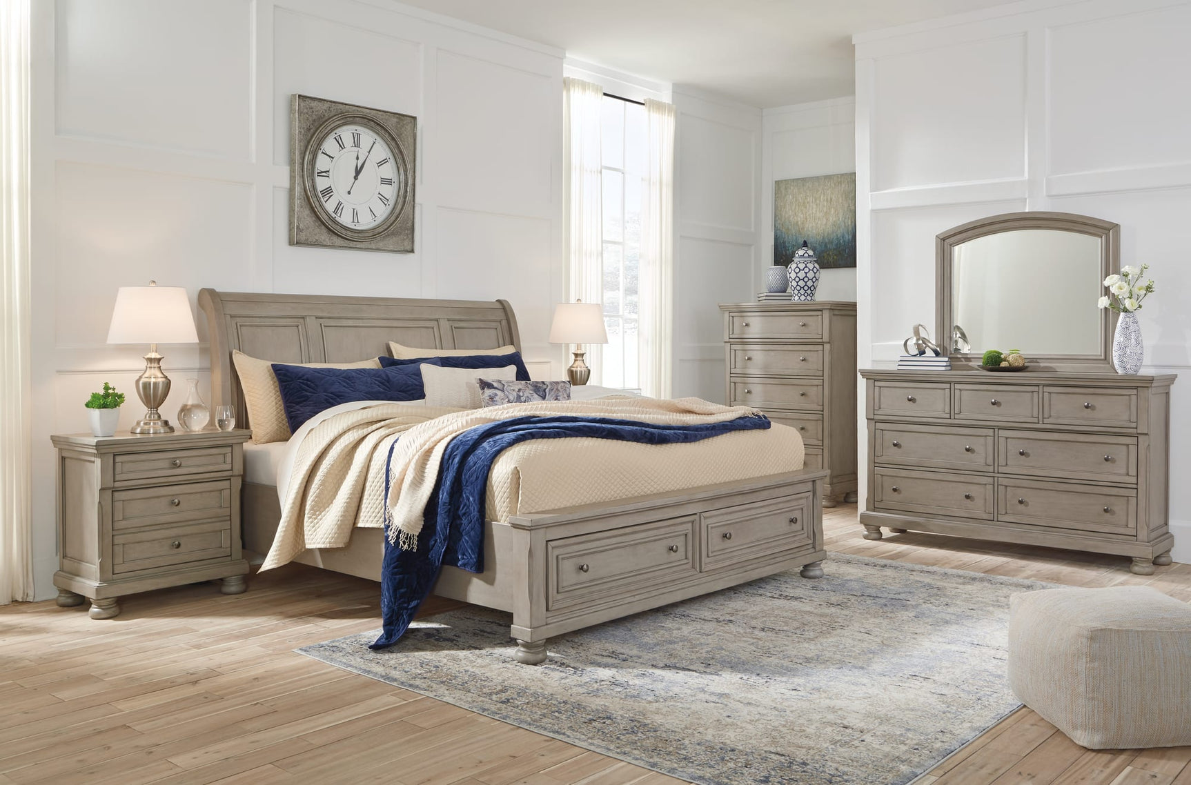 Lettner Light Gray Sleigh 2 Storage Bedroom Set King 3: Bed, Dresser, Mirror from Ella Furniture