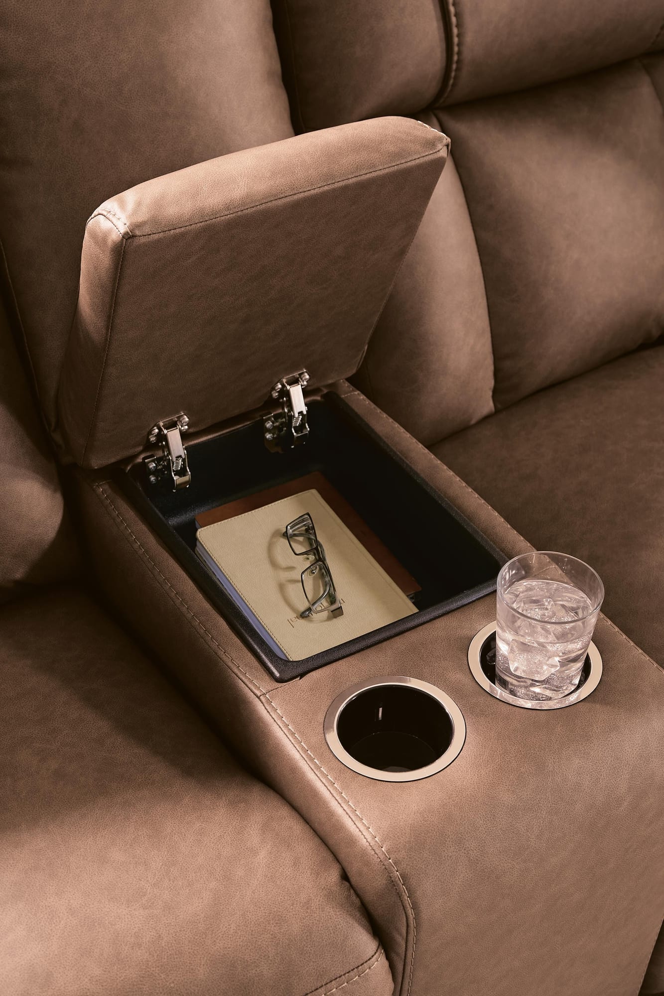 Mackmenville Caramel Faux Leather Reclining Loveseat with Console from Ella Furniture