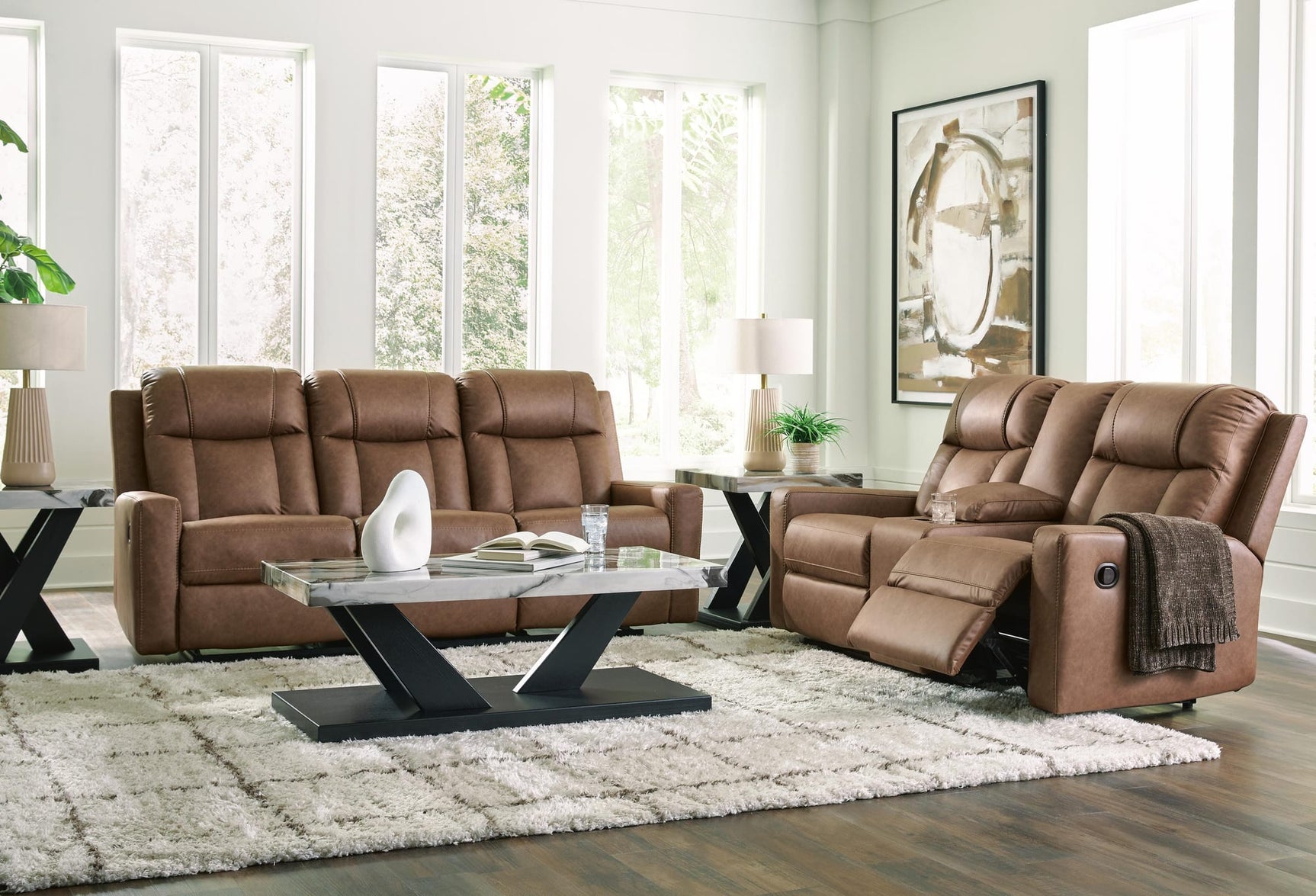 Mackmenville Caramel Reclining Sofa and Reclining Loveseat with Console from Ella Furniture