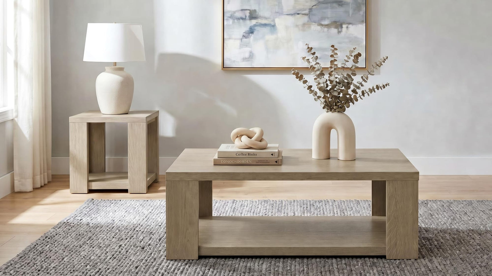 Pavone 2-Piece Transitional Coffee and End Table Set with Shelves Latte from Ella Furniture