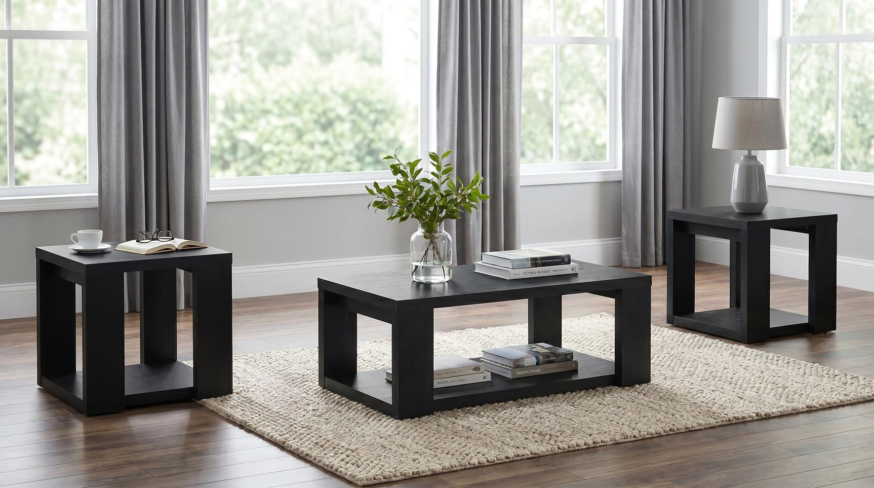 Pavone 3-Piece Transitional Coffee and End Table Set with Shelves Black from Ella Furniture