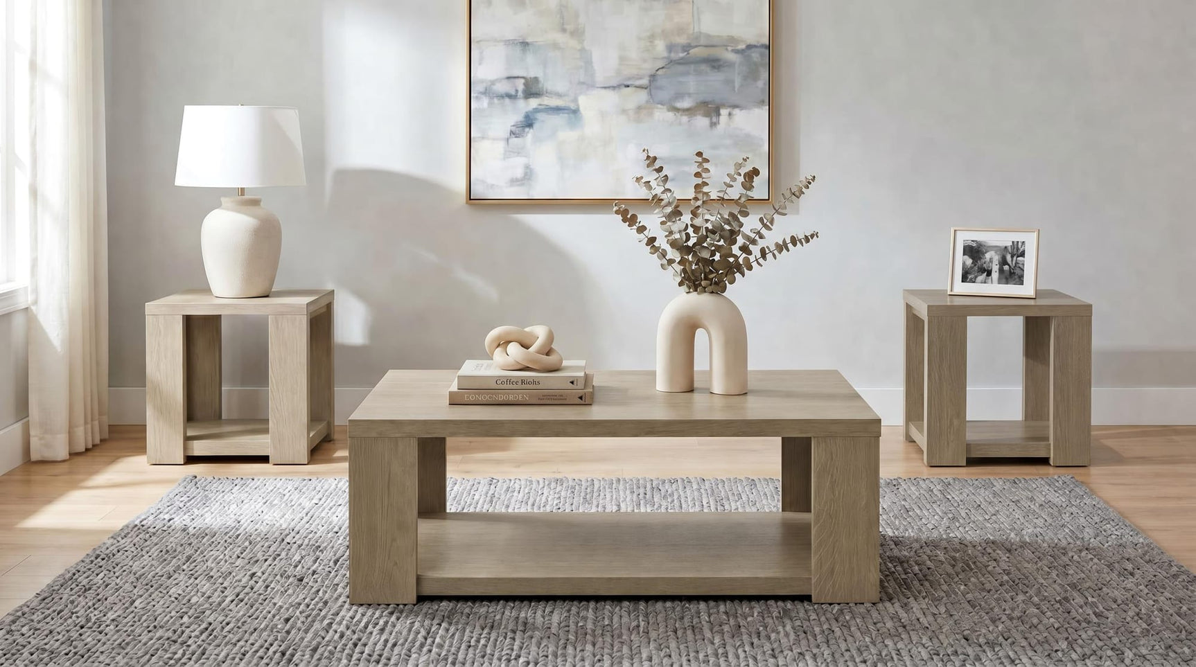 Pavone 3-Piece Transitional Coffee and End Table Set with Shelves Latte from Ella Furniture