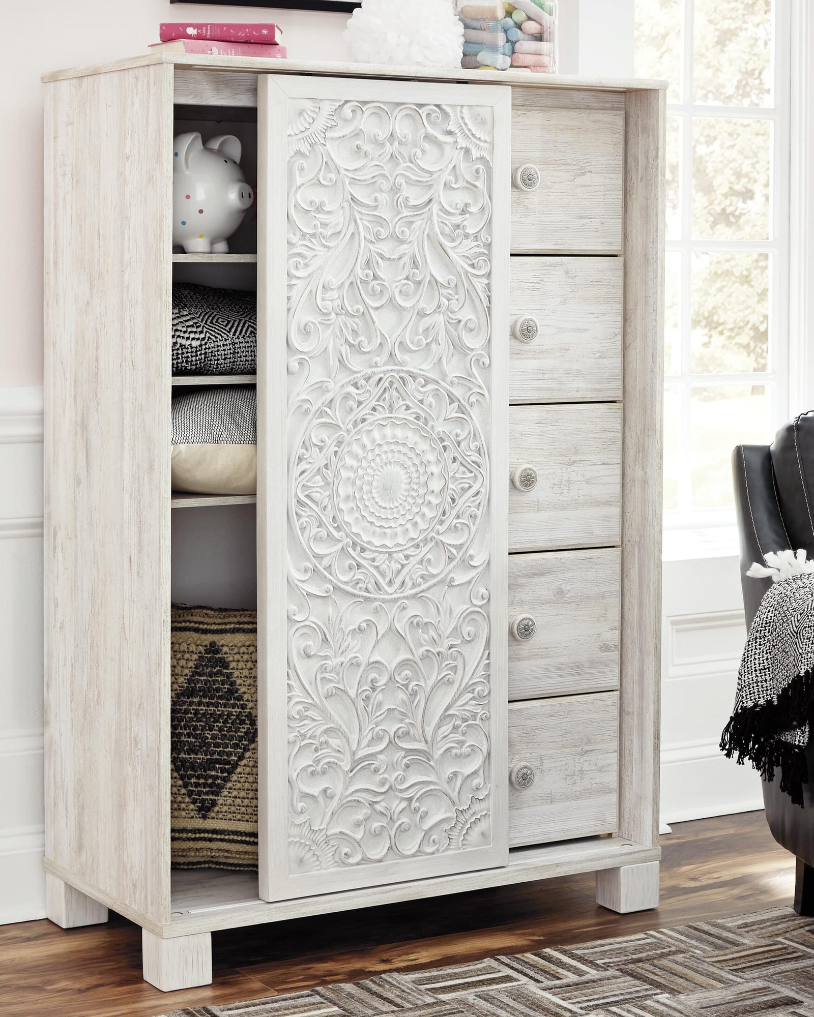 Paxberry Whitewash Panel Bedroom Set Queen 4: Bed, Dresser, Mirror, Chest from Ella Furniture