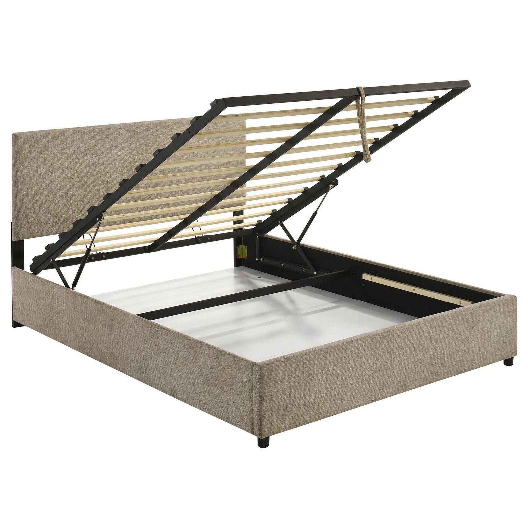 Reeves Upholstered Eastern King Lift-Top Storage Platform Bed Tan from Ella Furniture