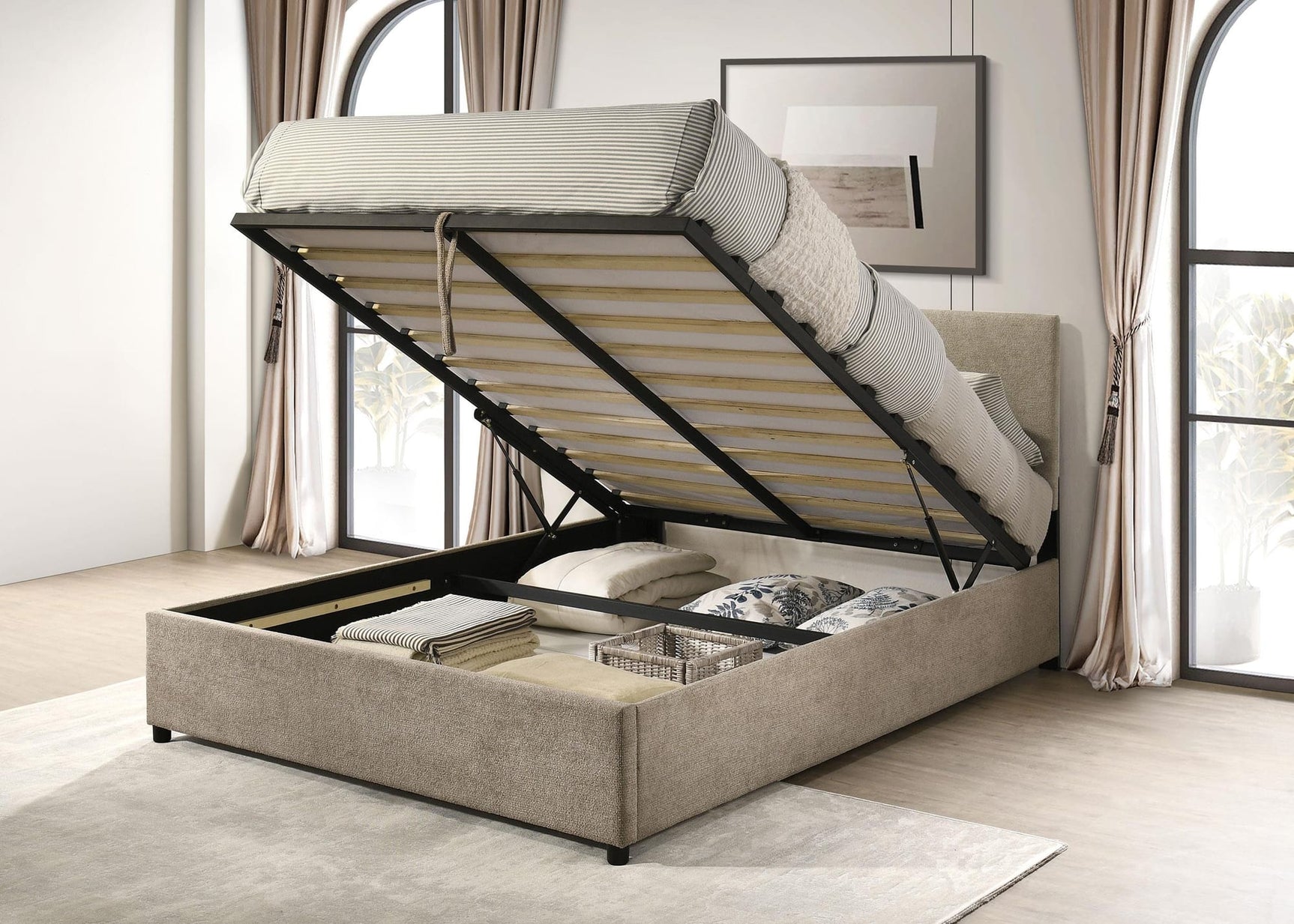 Reeves Upholstered Eastern King Lift-Top Storage Platform Bed Tan view 3