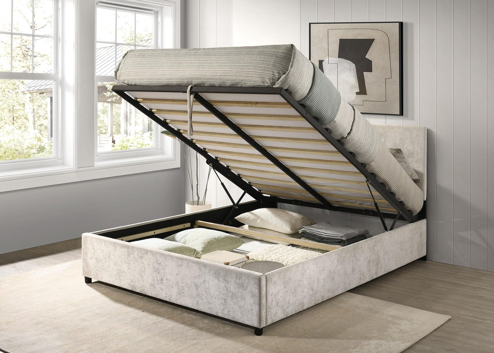 Reeves Upholstered Queen Lift-Top Storage Platform Bed Beige view 3