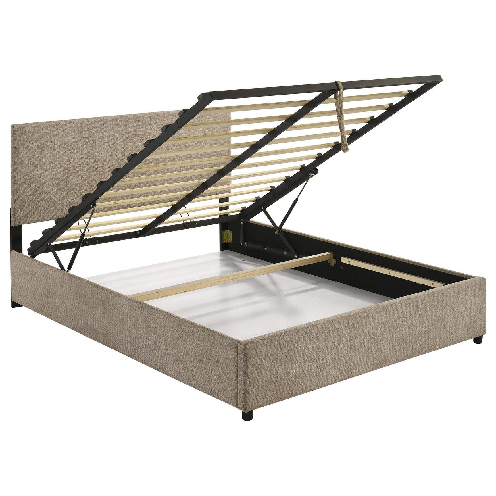 Reeves Upholstered Queen Lift-Top Storage Platform Bed Tan from Ella Furniture