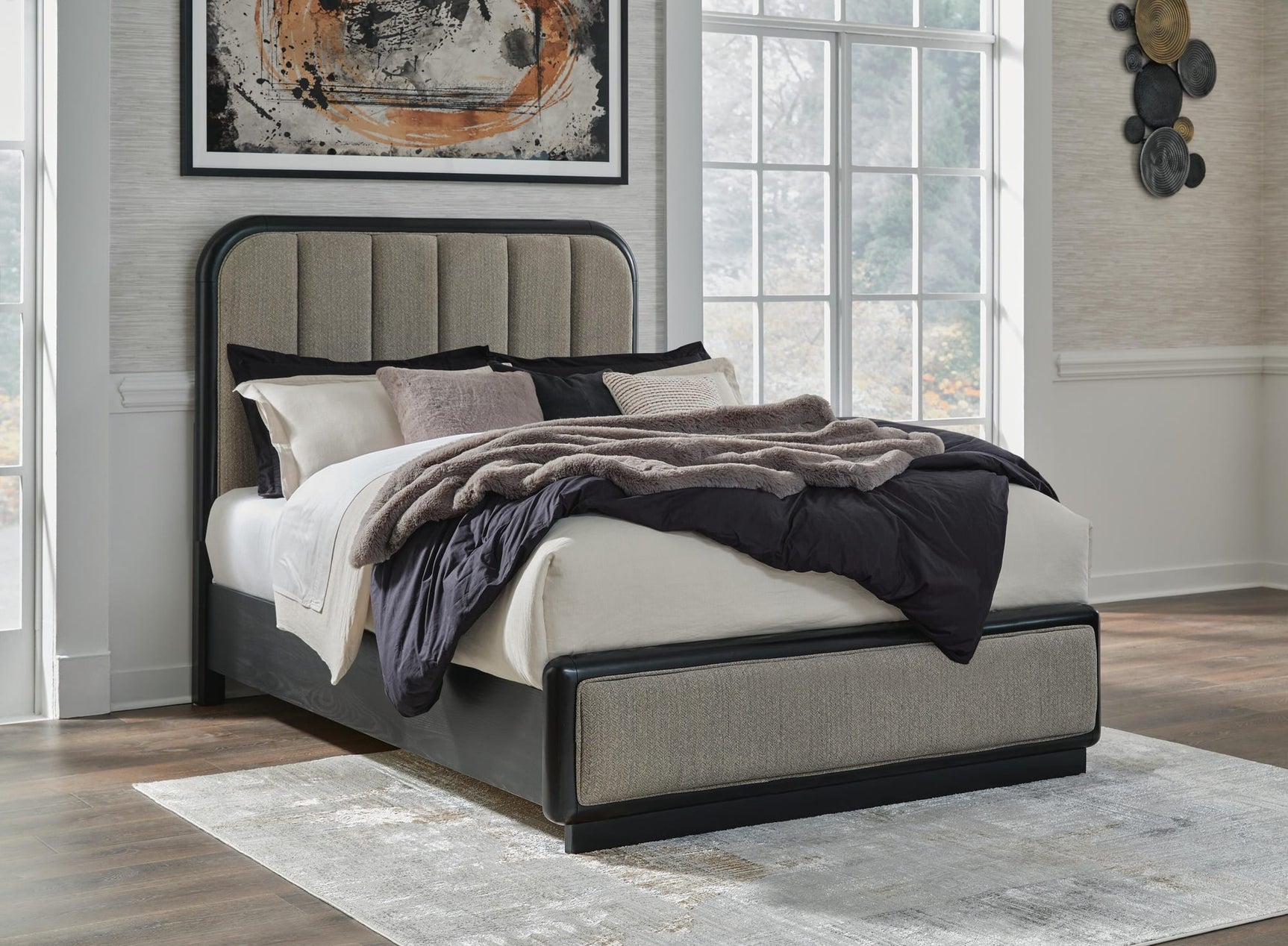 Rowanbeck Gray/Black Upholstered Panel Bedroom Set Queen 3: Bed, Dresser, Mirror from Ella Furniture