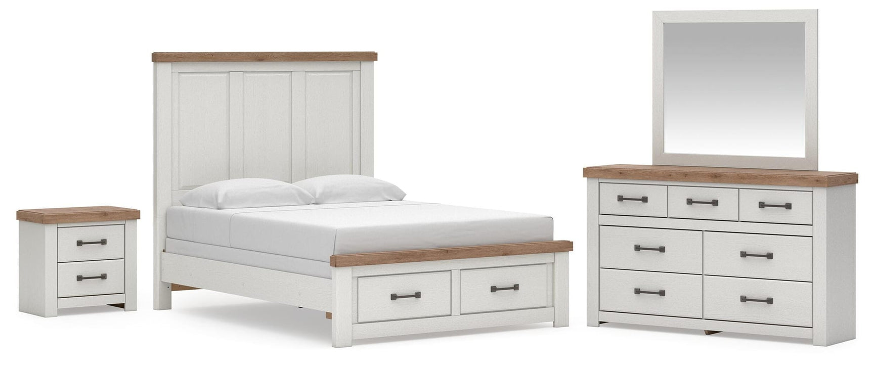 Savonport White/Brown Panel Storage Bed. Dresser, Mirror Bedroom Set from Ella Furniture
