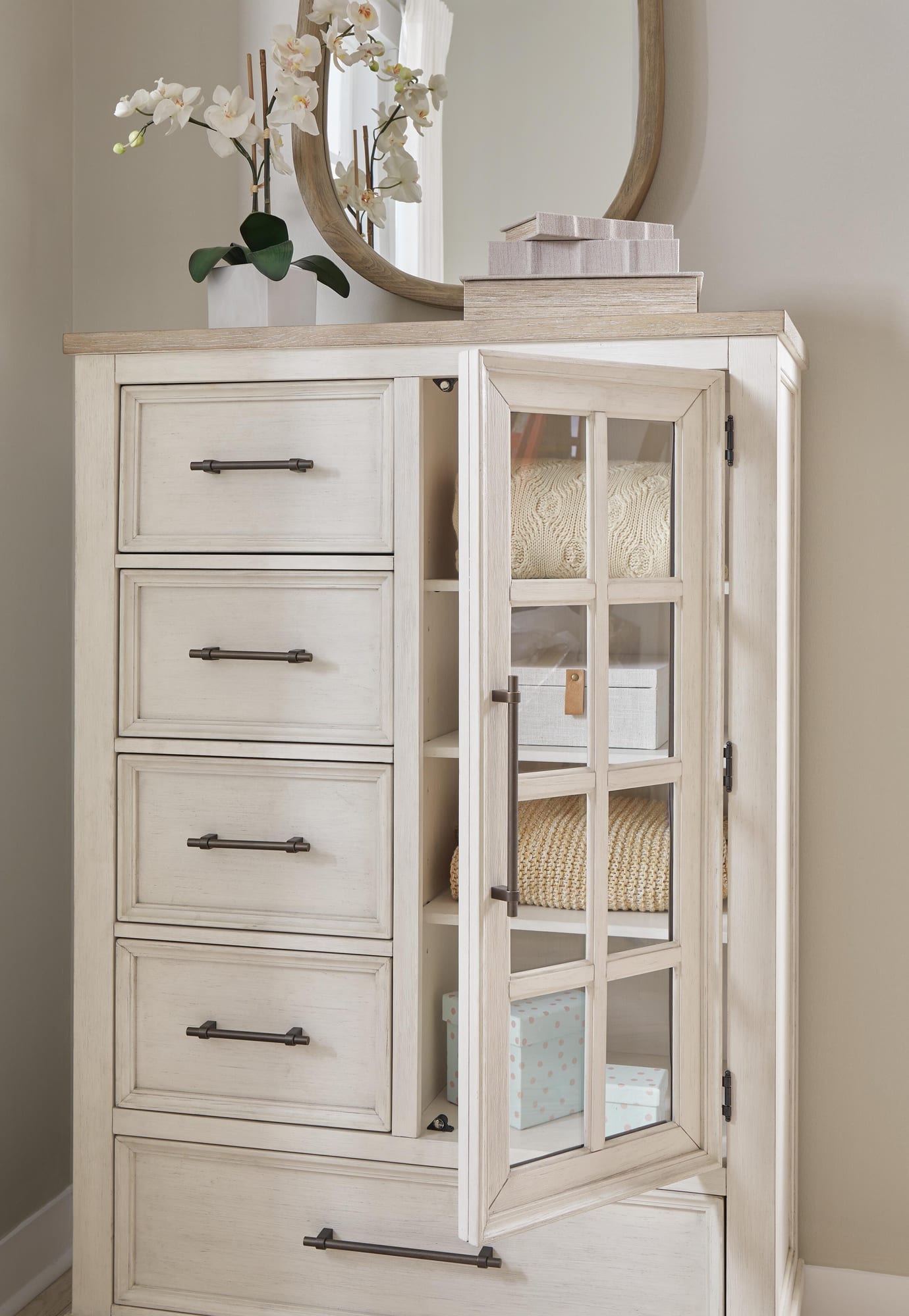 Shaybrock Antique White Panel Bedroom Set Queen 4: Bed, Dresser, Mirror, Chest from Ella Furniture