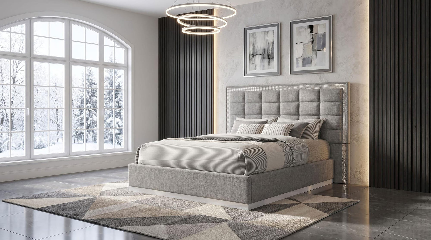 Viana Eastern King Chenille Platform Bed Grey and White High Gloss view 2
