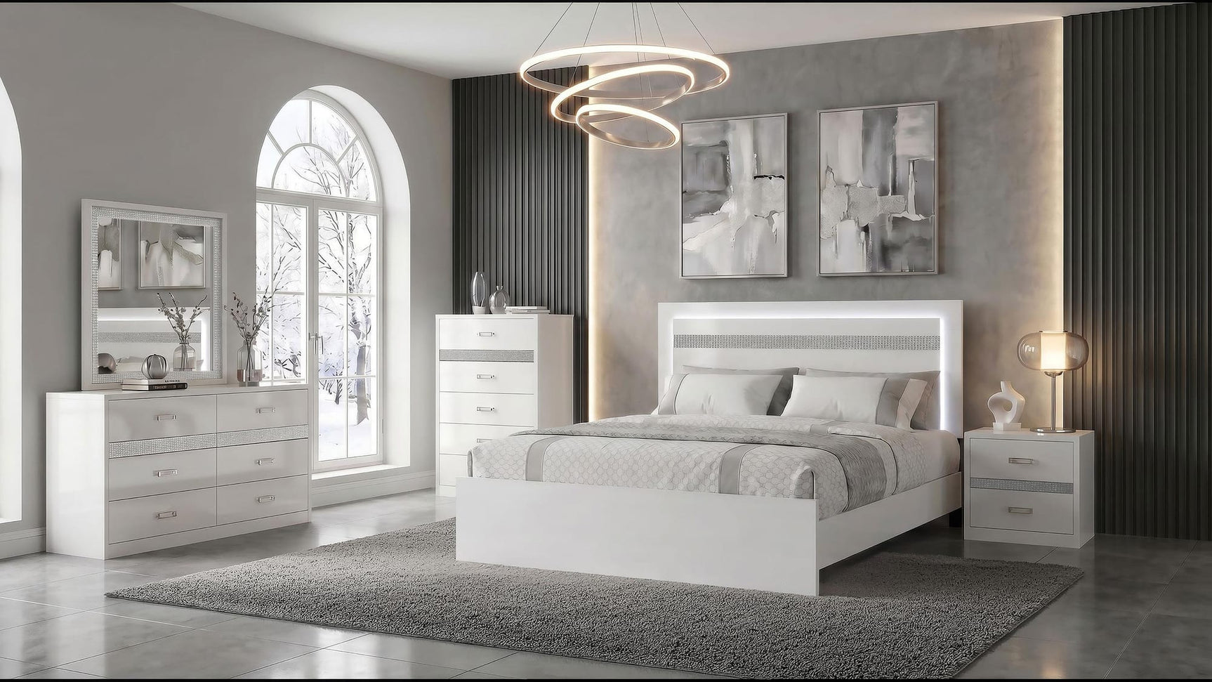 Viana Touch-Control LED Queen Platform Bed White High Gloss view 9