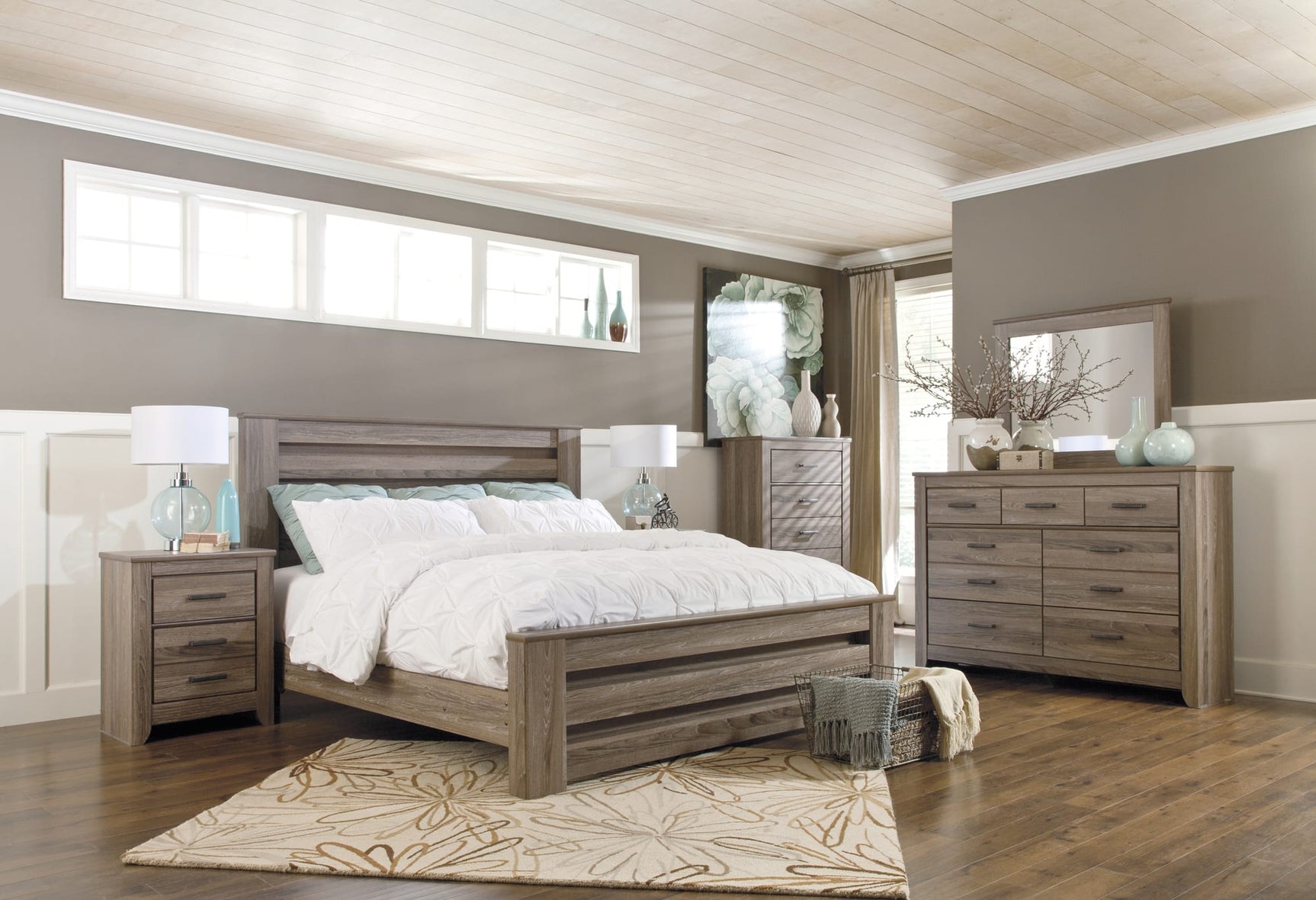 Zelen Warm Gray Panel Bedroom Set King 3: Bed, Dresser, Mirror from Ella Furniture