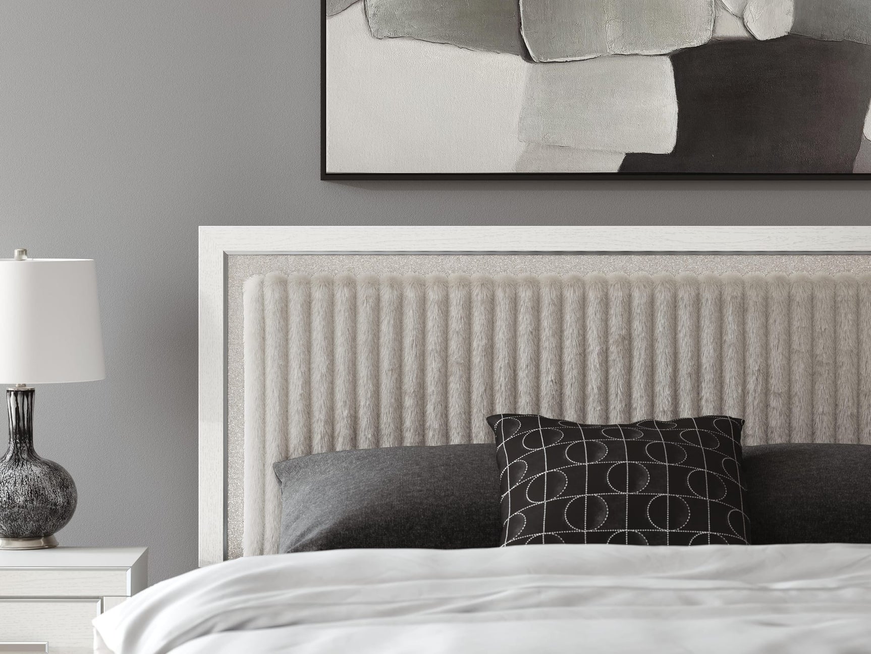Zuraleus White Upholstered Panel Platform Storage Bedroom Set King 3: Bed, Dresser, Mirror from Ella Furniture