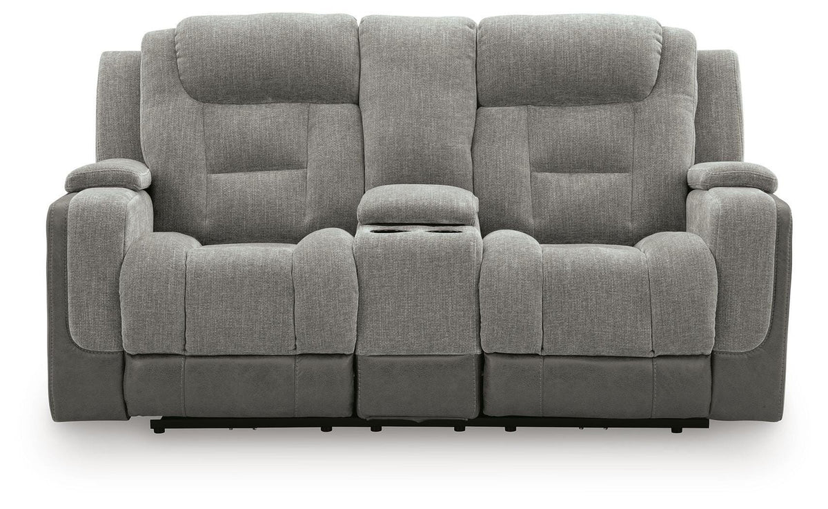 Mixed Motion Shadow Chenille / Faux Leather Power Reclining Loveseat with Console — front view