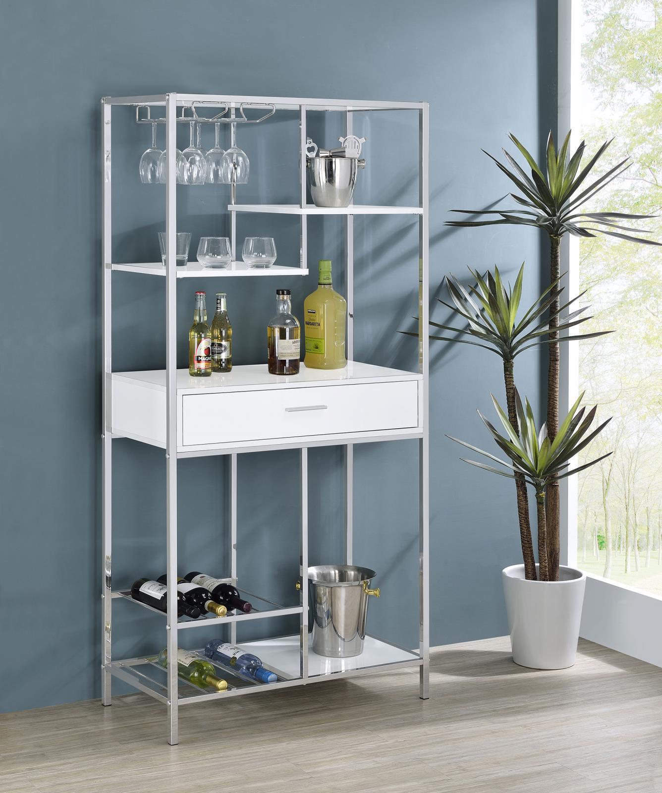 Figueroa 5-Shelf Wine Cabinet With Storage Drawer White High Gloss And Chrome 182034 - Ella Furniture