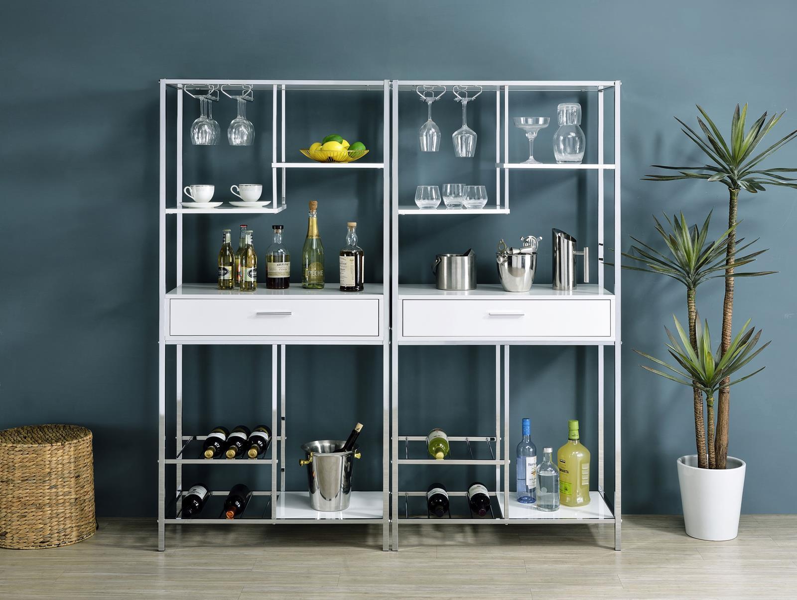 Figueroa 5-Shelf Wine Cabinet With Storage Drawer White High Gloss And Chrome 182034 - Ella Furniture