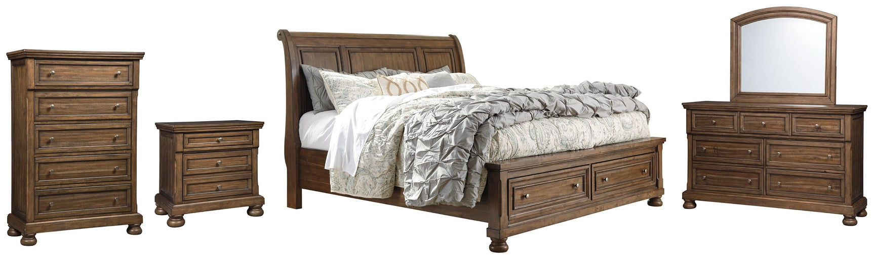 Flynnter Medium Brown Sleigh 2 Storage Bedroom Set - Ella Furniture