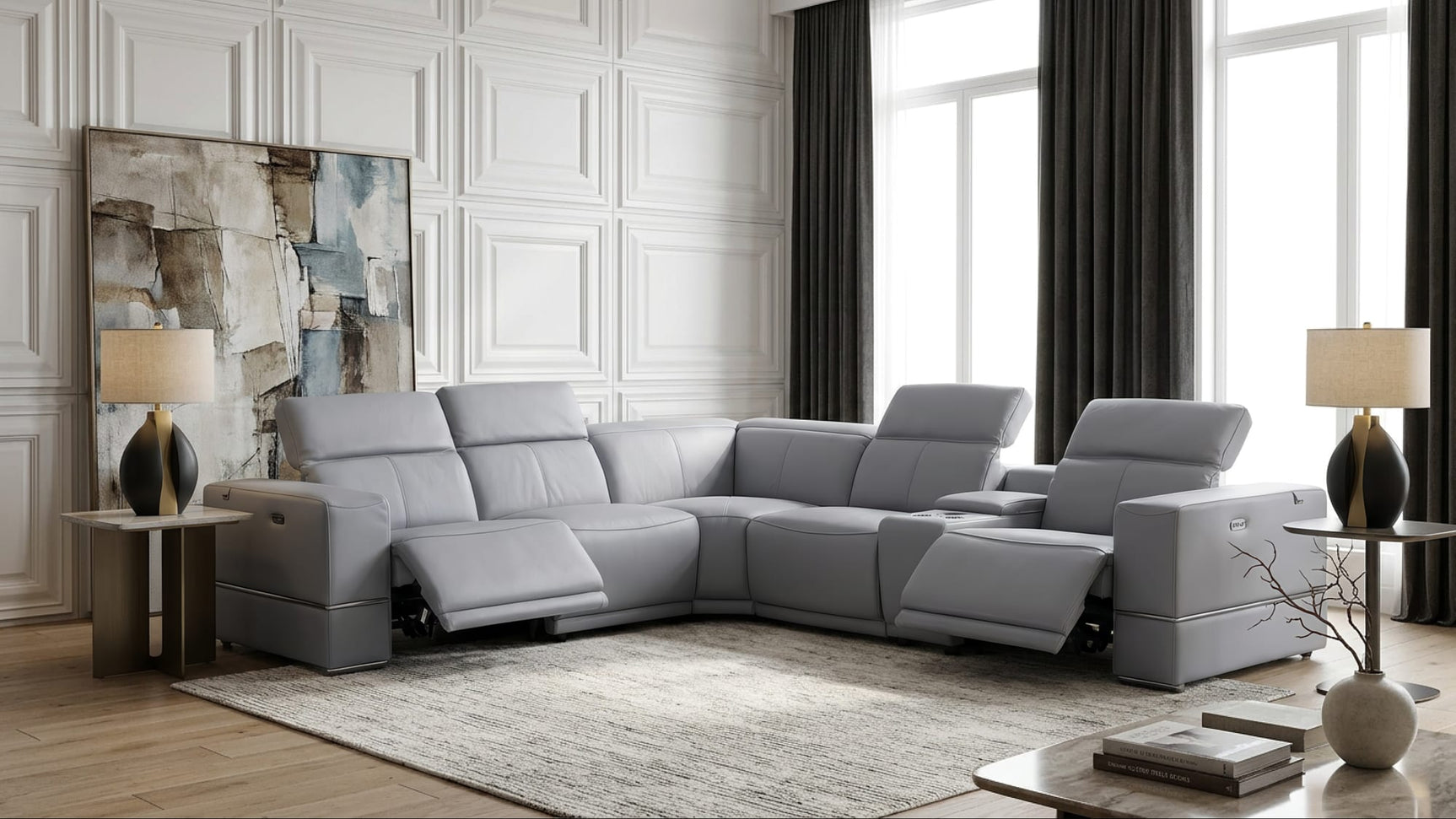 Franco II 6-Piece Light Blue Italian Top Grain Leather Power Reclining Sectional with Wireless Charging from Ella Furniture