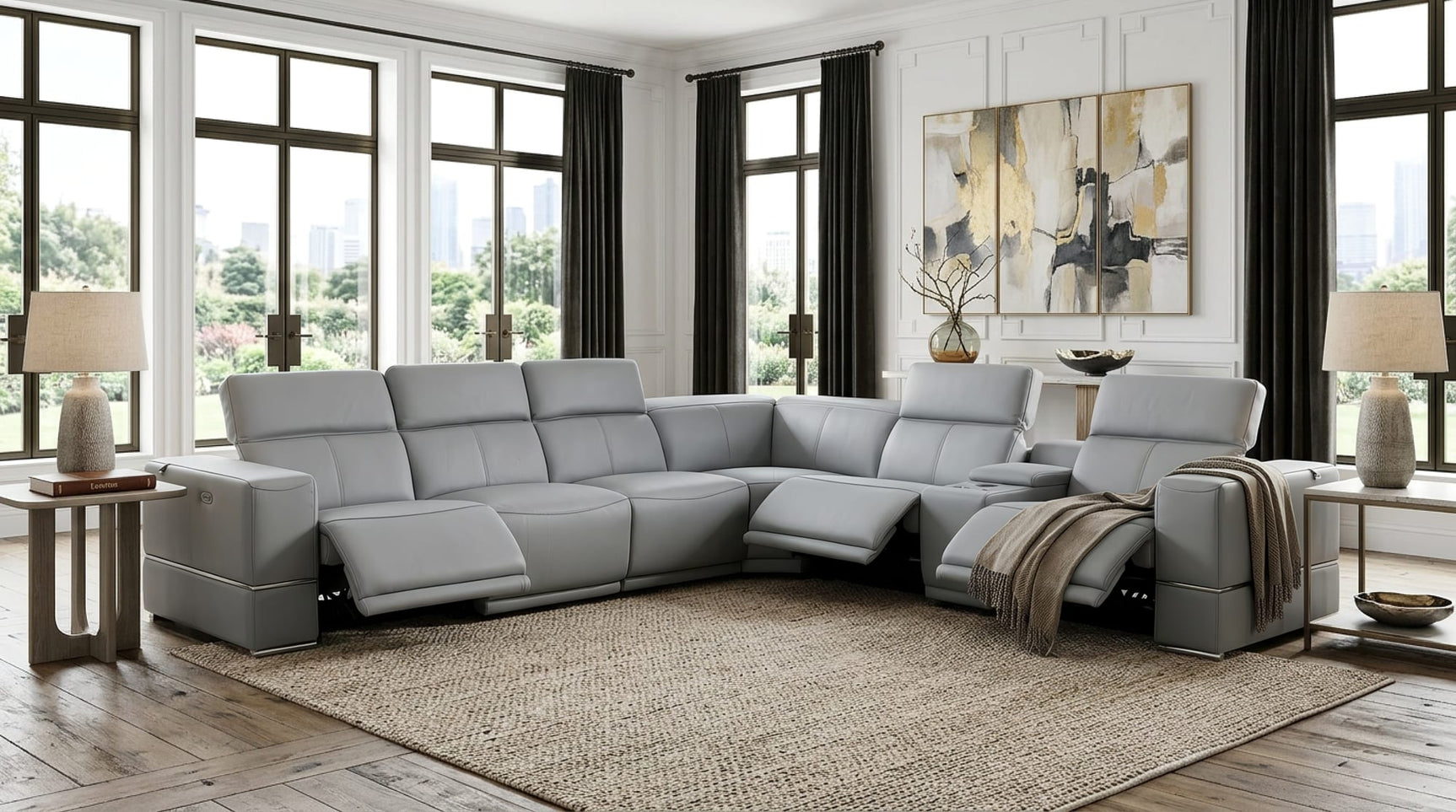 Franco II 7-Piece Light Blue Italian Top Grain Leather Power Reclining Sectional with 3 Power Seats and Wireless Charging from Ella Furniture