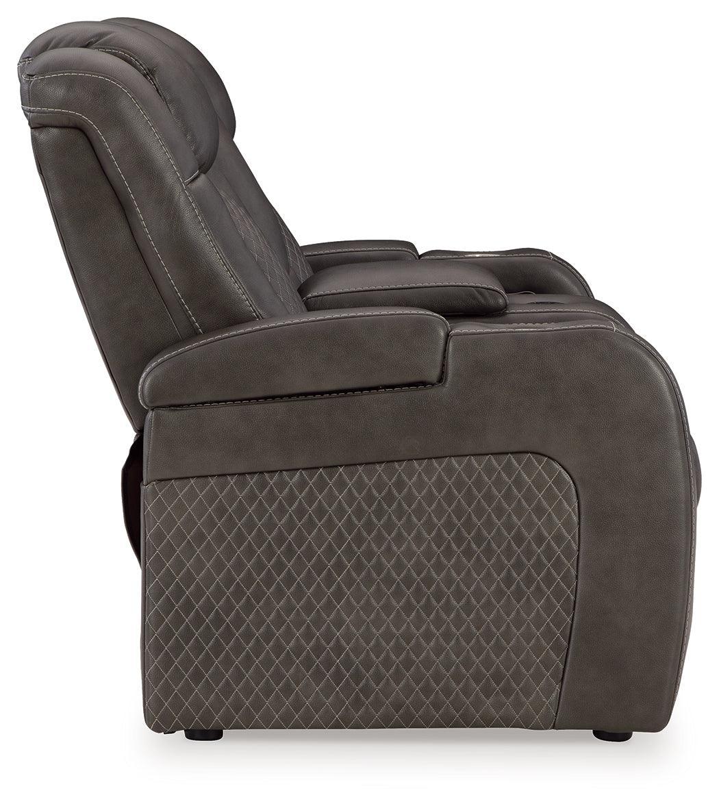 Fyne-dyme Shadow Faux Leather Power Reclining Loveseat With Console - Ella Furniture