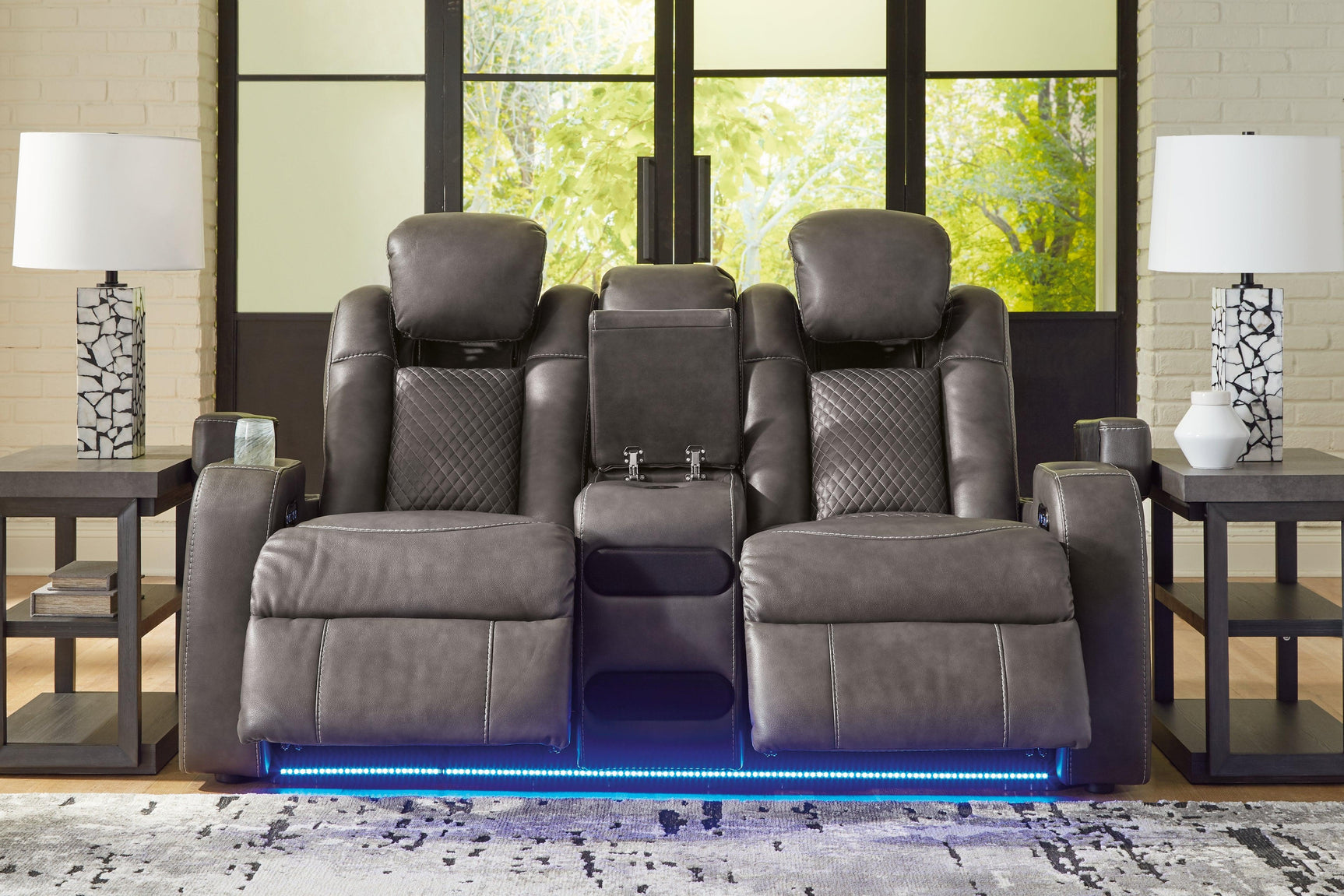 Fyne-dyme Shadow Faux Leather Power Reclining Loveseat With Console - Ella Furniture