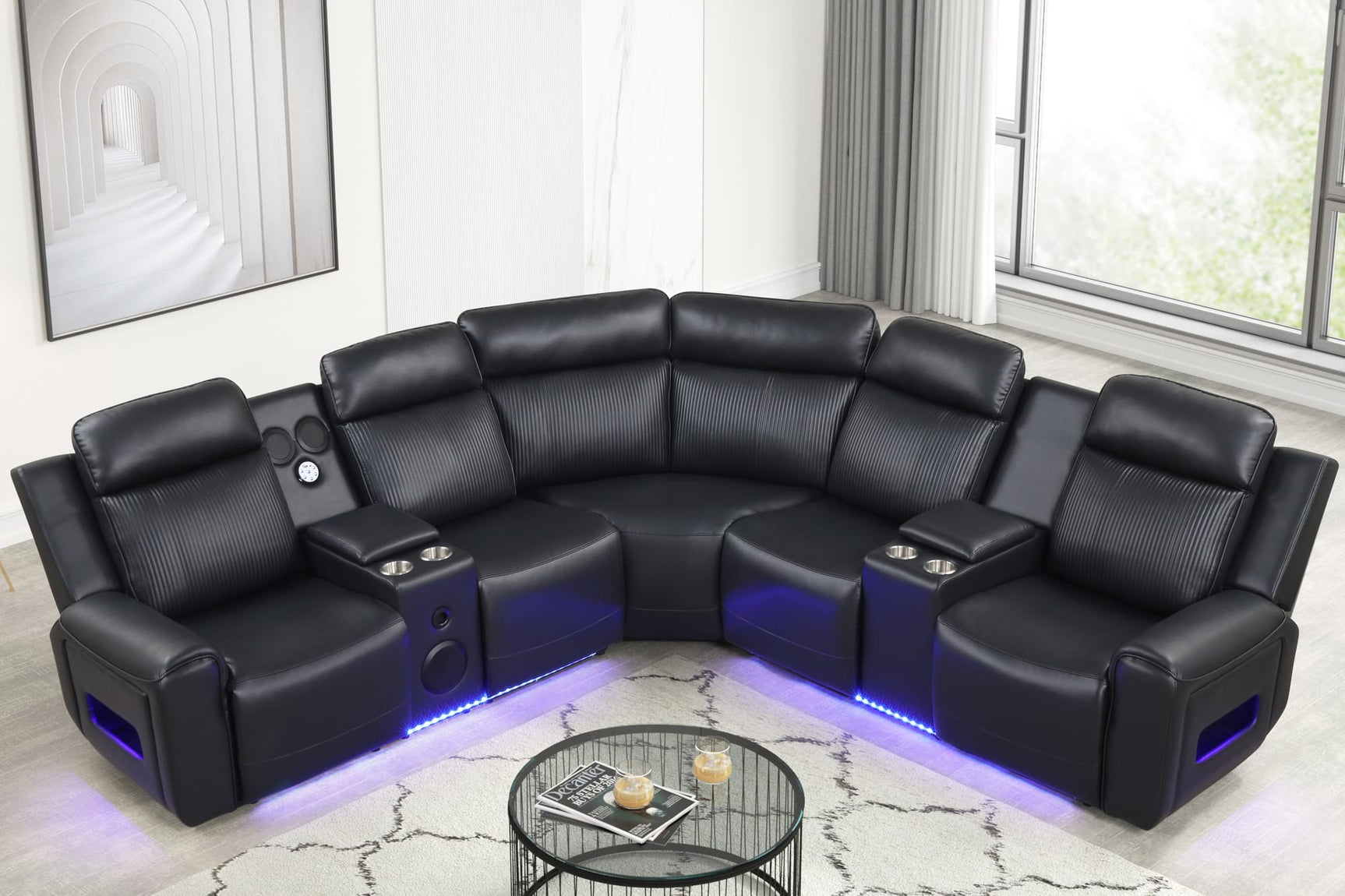 Galaxy Black Air Leather Reclining Sectional with Bluetooth Speakers and LED Lighting view 5