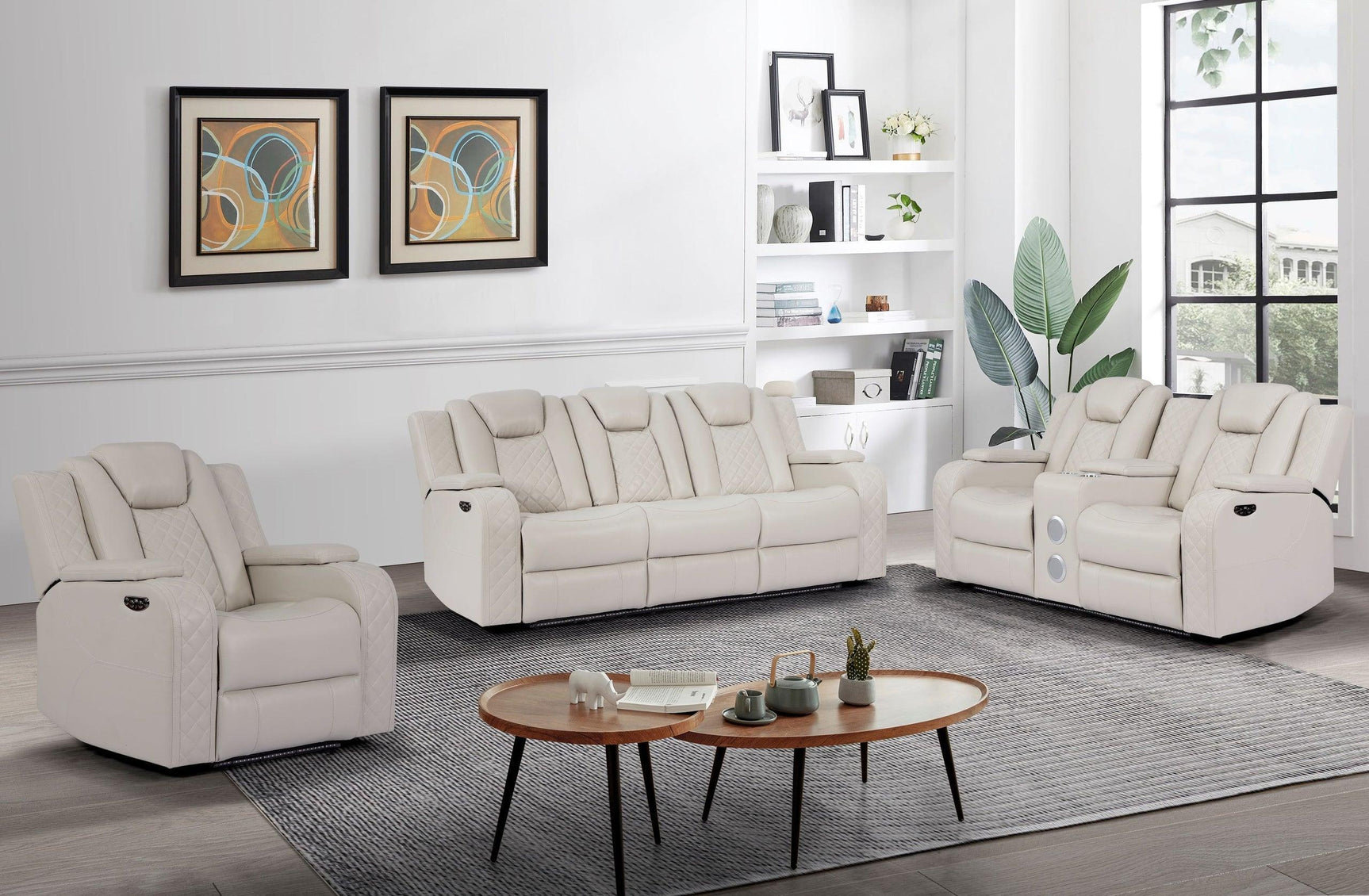 Galaxy Sand Modern Contemporary Faux Leather Metal LED Power Reclining Set - Ella Furniture