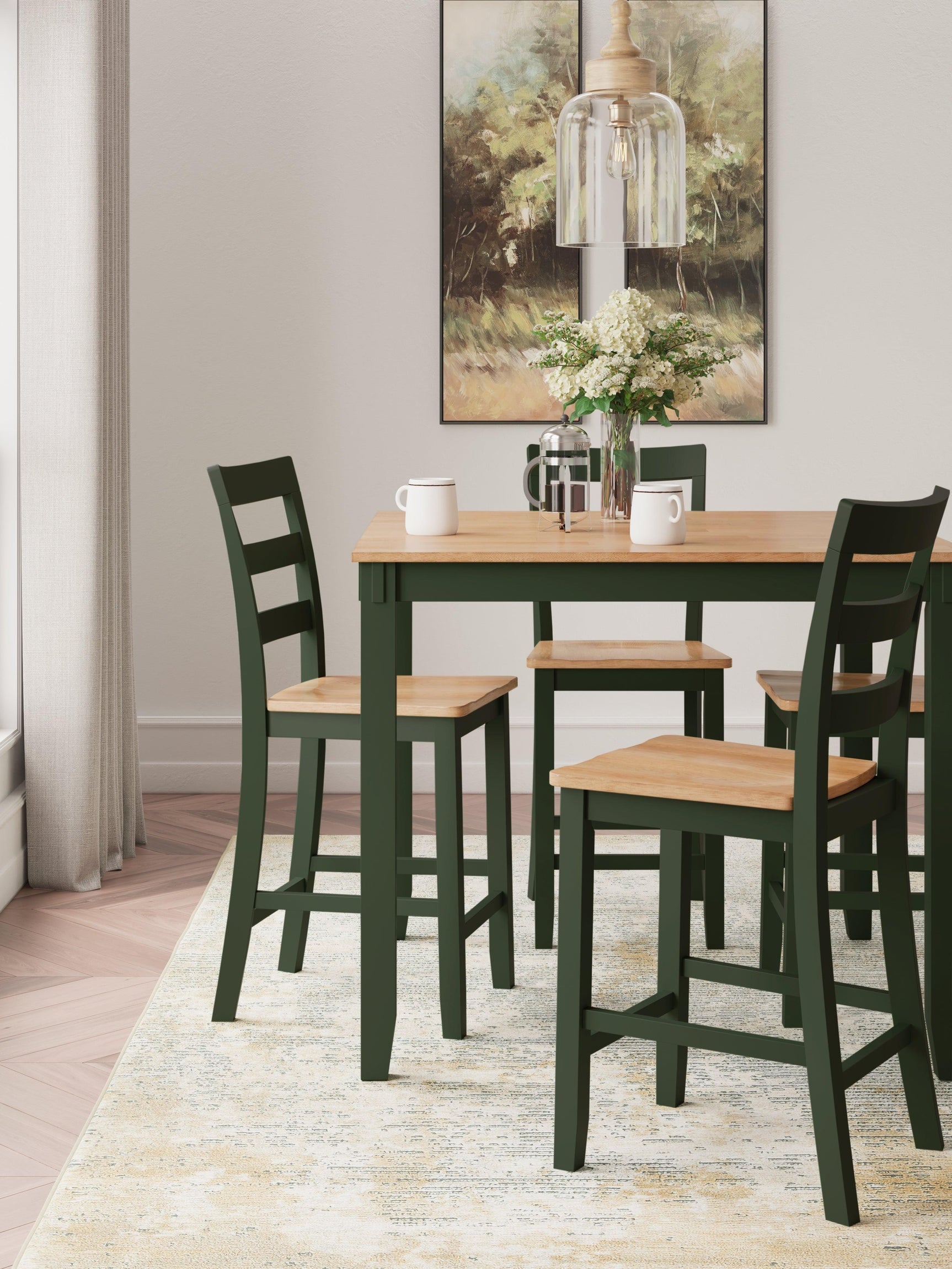 Gesthaven Natural/Green Counter Height Dining Table and 4 Barstools (Set of 5) - Ella Furniture