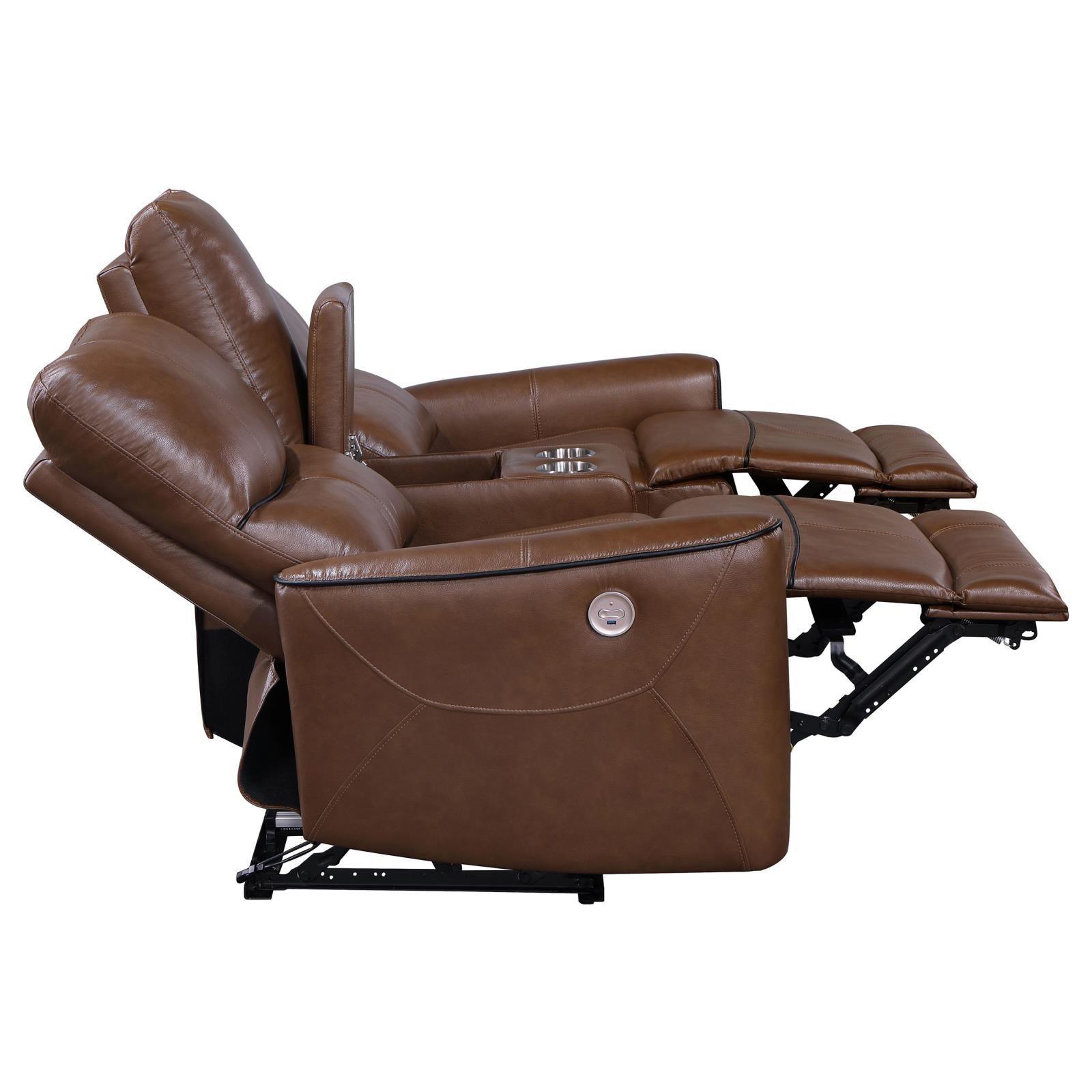 Greenfield Upholstered Power Reclining Loveseat With Console Saddle Brown 610265P - Ella Furniture